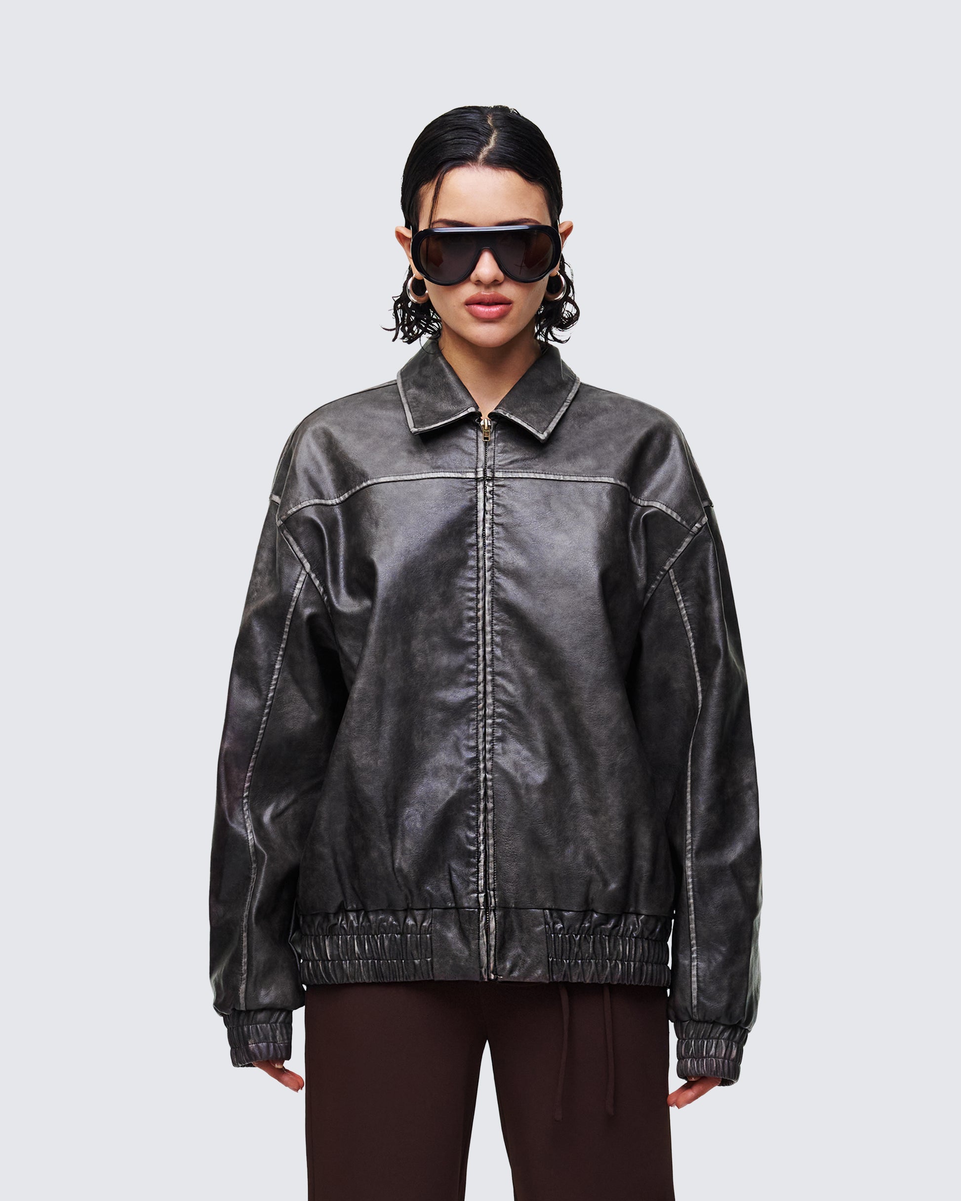 Hallow Brown Vegan Leather Jacket model front