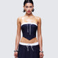 Piper Navy Pinstripe Corset Top model front