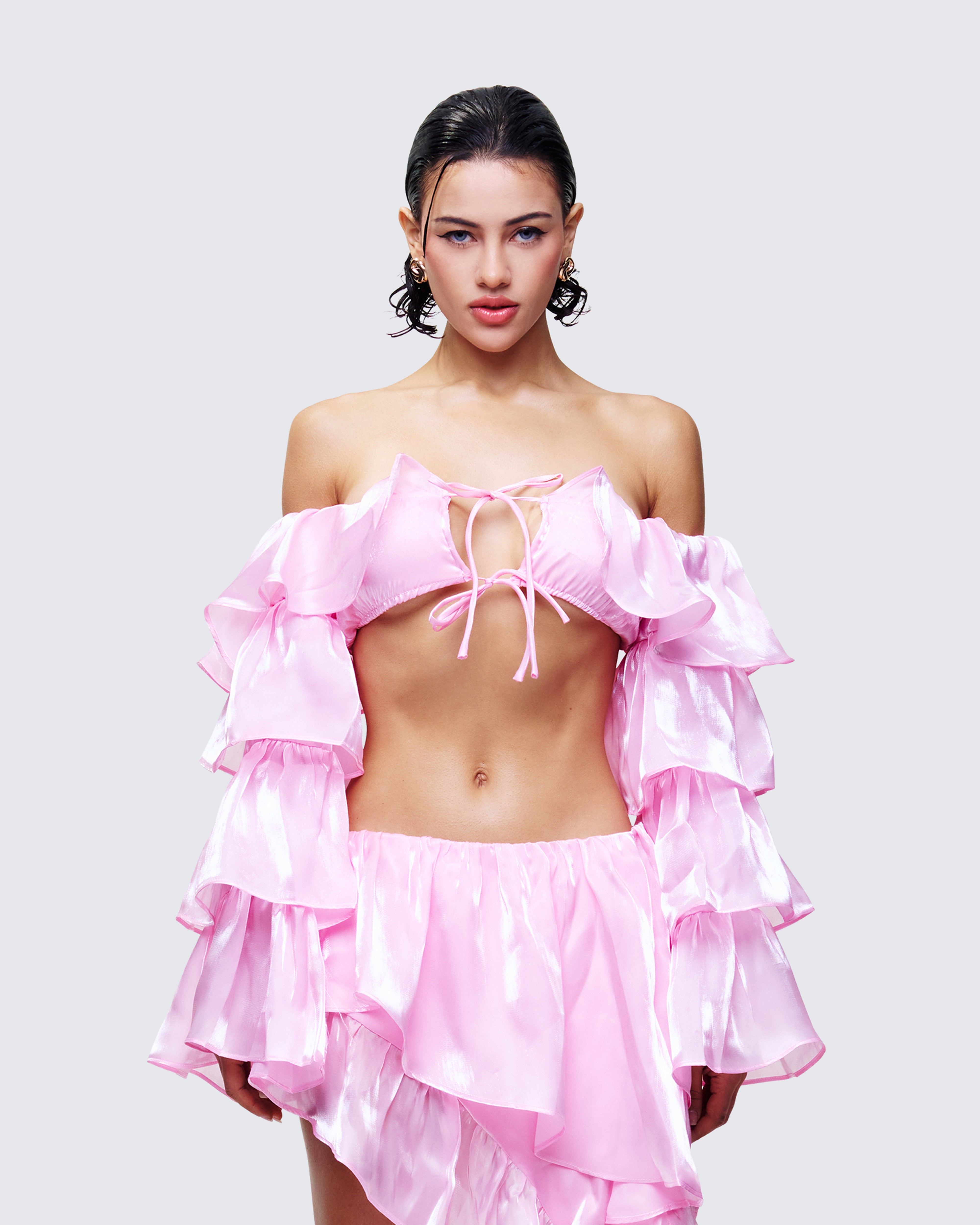 Pink Ruffle Sleeve Crop Top - Off Shoulder Tiered – FINESSE Pink Ruffle Sleeve Crop Top - Off Shoulder Tiered – FINESSE