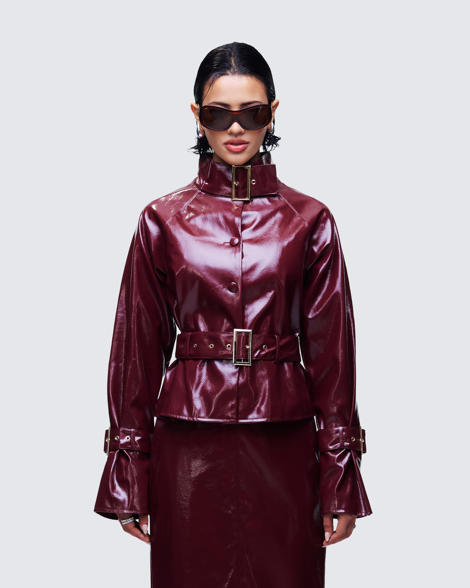 Matilde Plum Vegan Leather Buckle Detail Jacket model Front