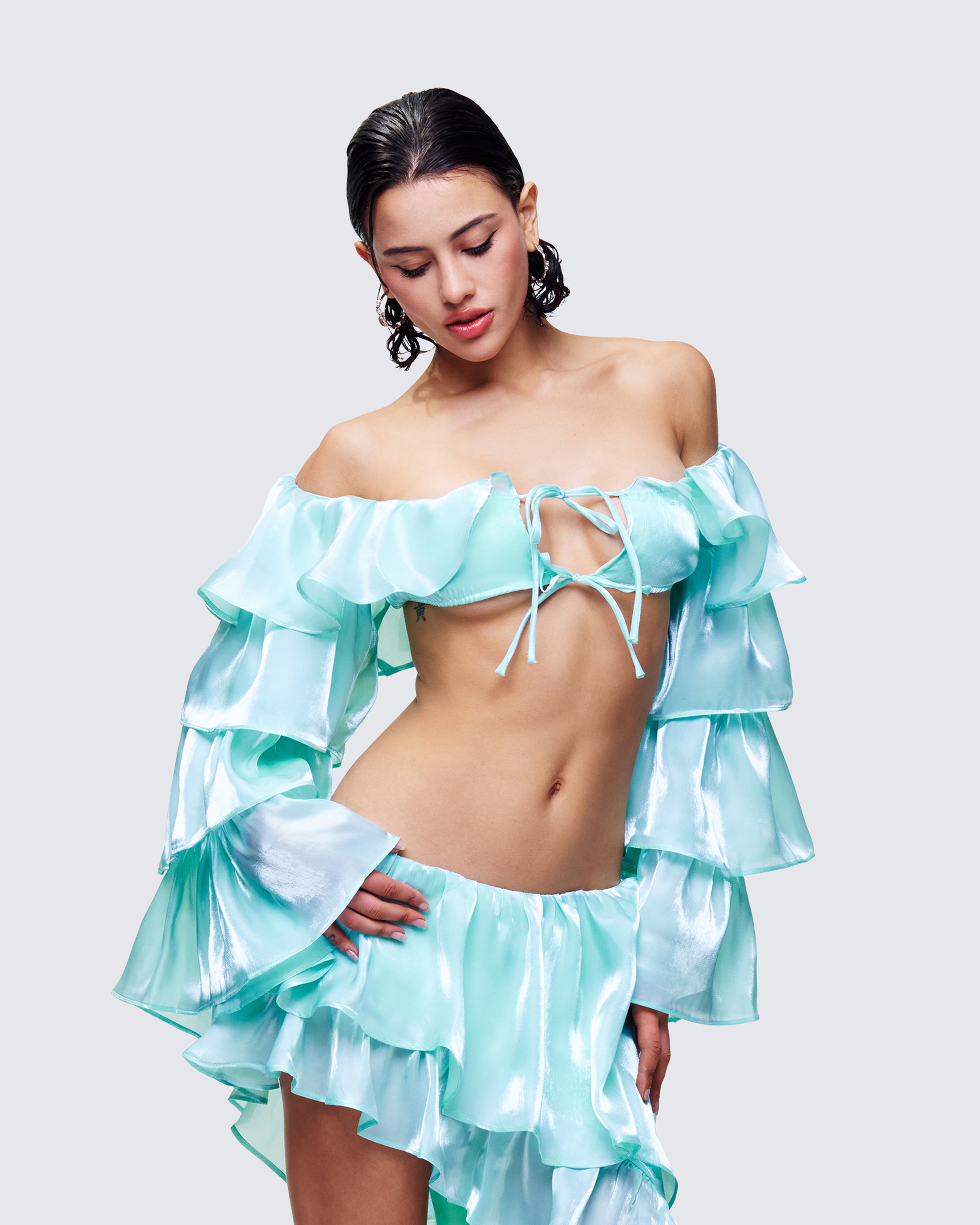 Mint Green Ruffle Sleeve Crop Top - Off Shoulder – FINESSE