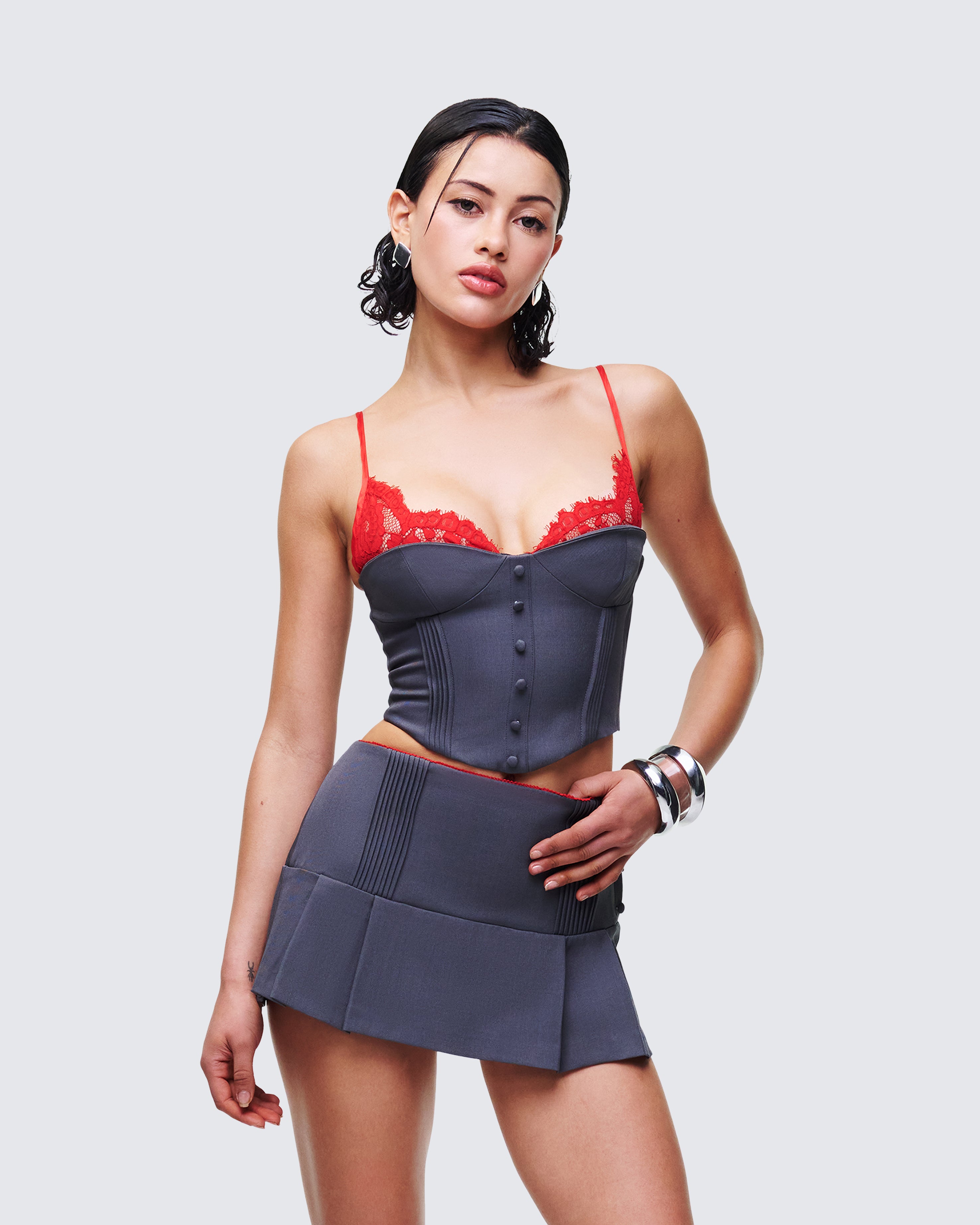 Navy Corset Top with Red Lace - Bustier Style – FINESSE