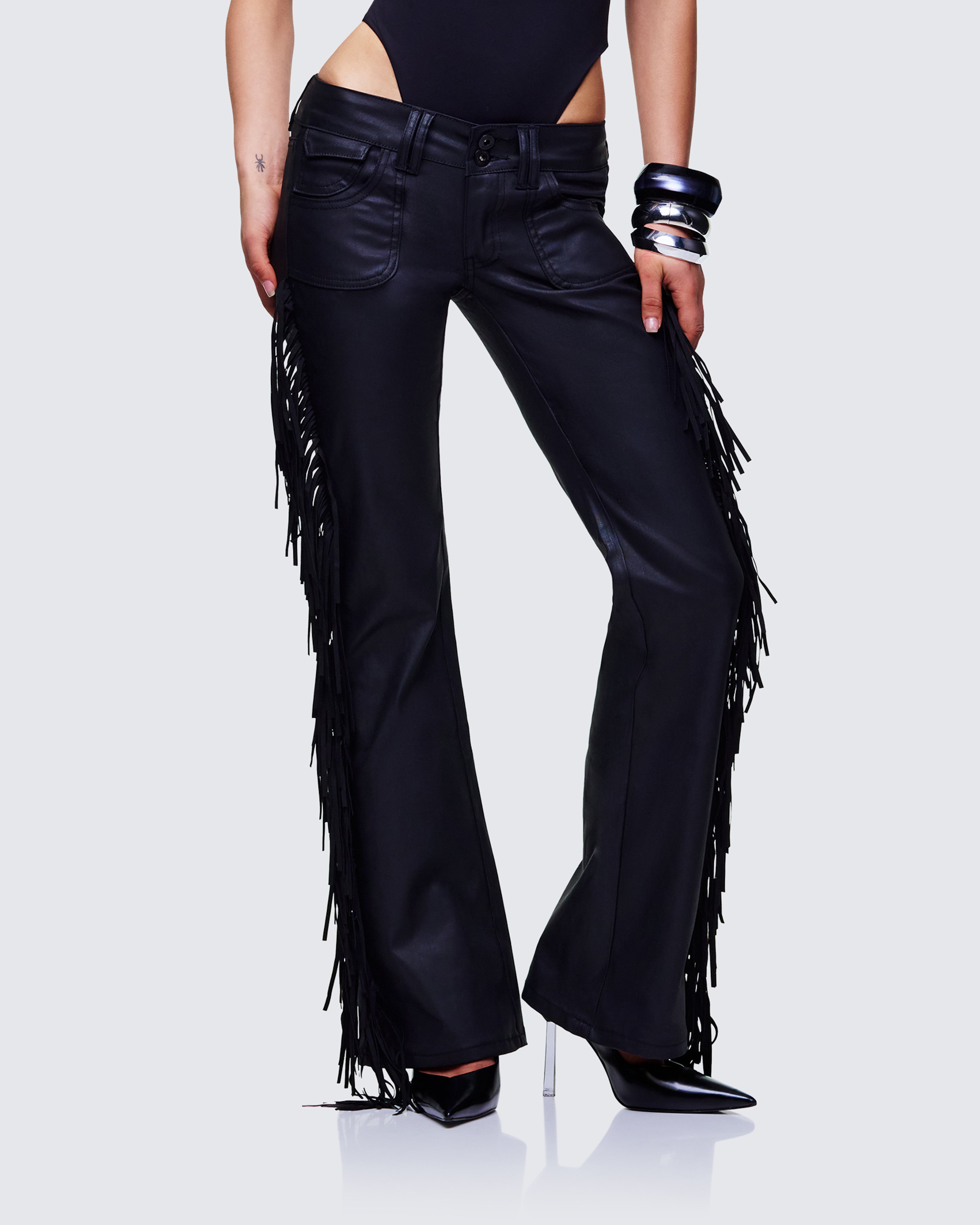 パンツ obelisk fringe flared denim black y2k Obelisk Black Flared jeans with Stingray Leather Accents Obelisk