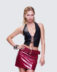 Selena Black Embossed Lace Up Top