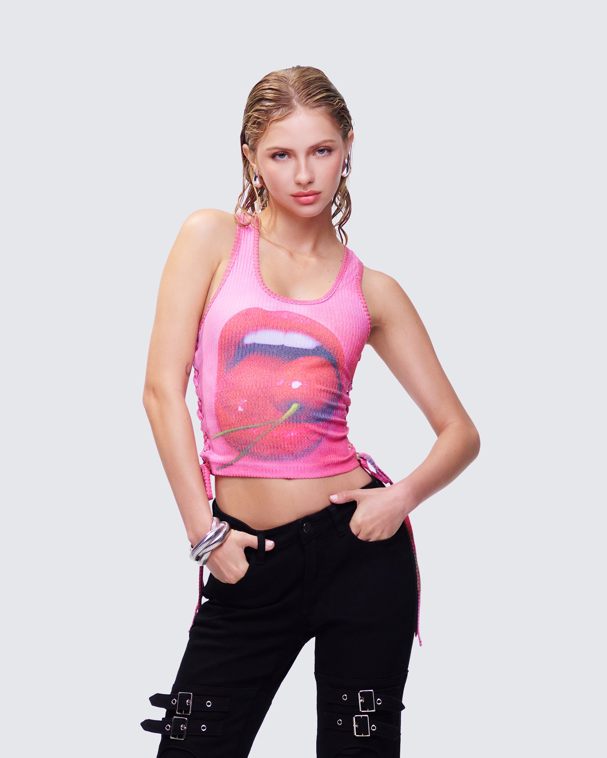 Nixie Pink Lace Up Graphic Tank