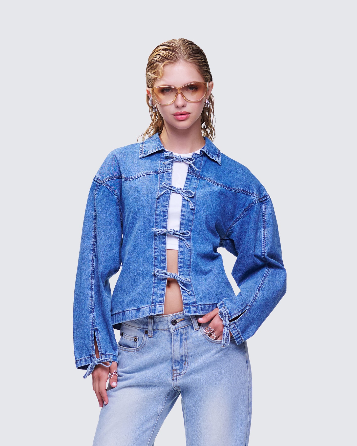 Freesia Blue Bow Tied Denim Shirt Jacket