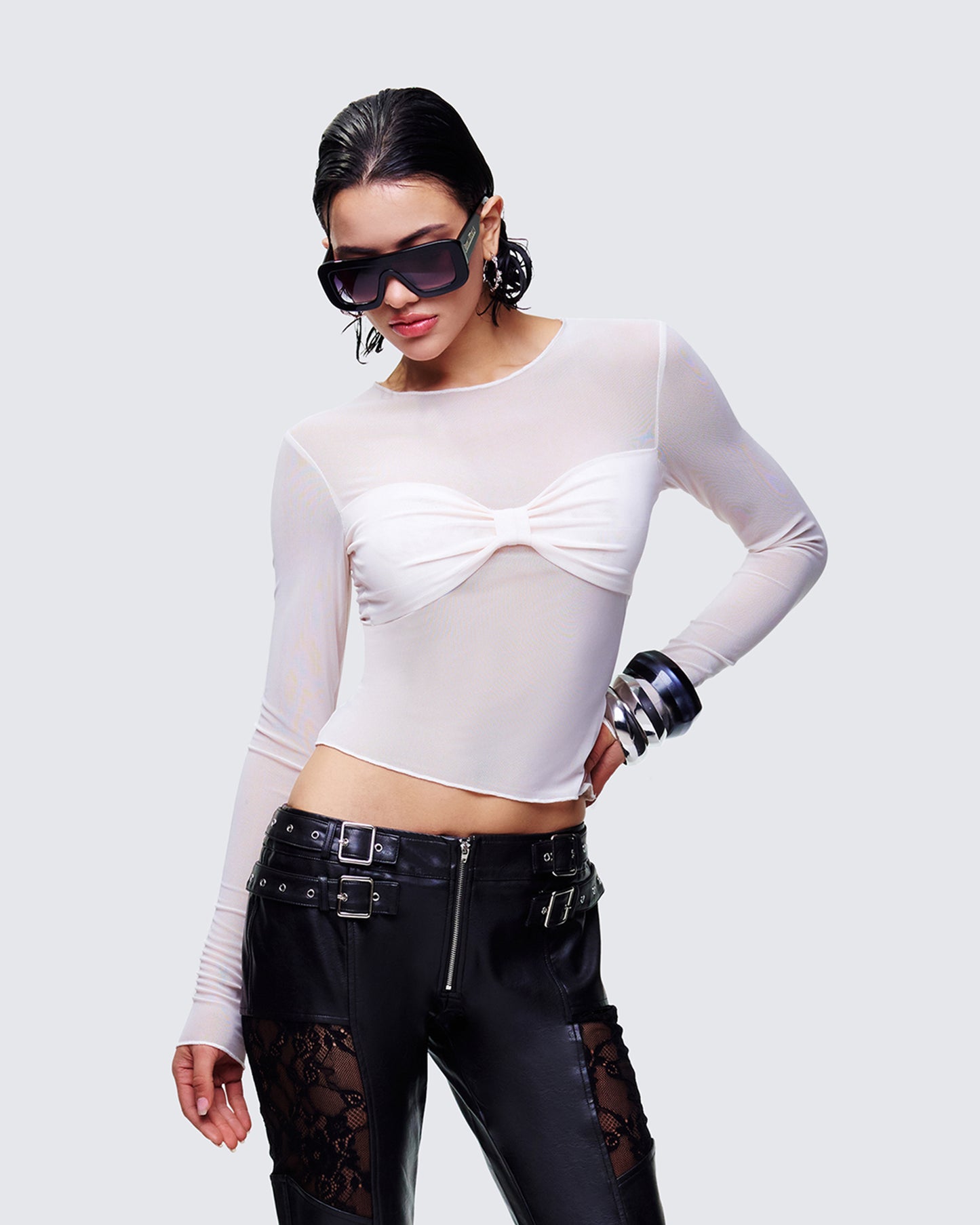 Orpheus White Mesh Long Sleeve Top