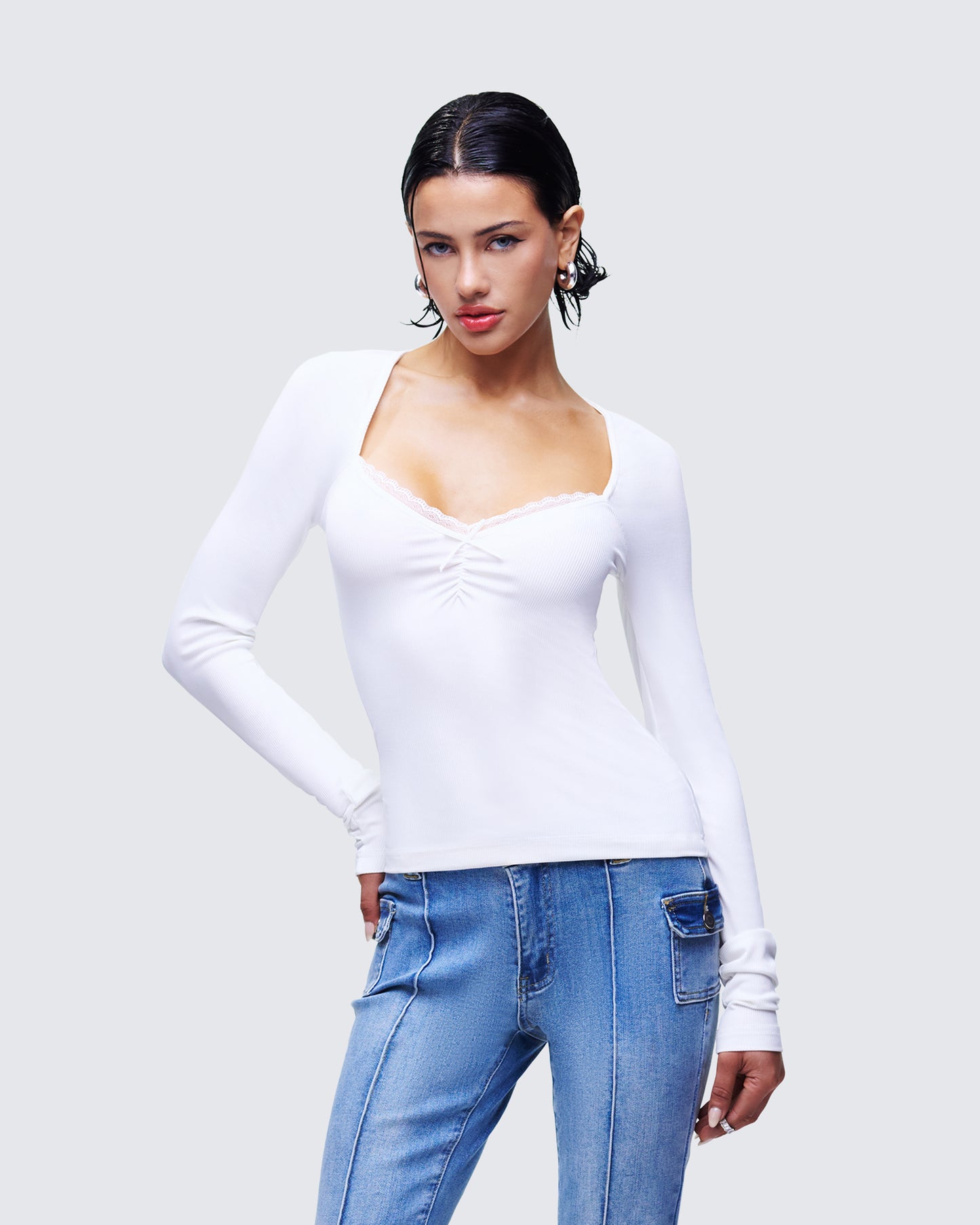 Draya White Rib Lace Top