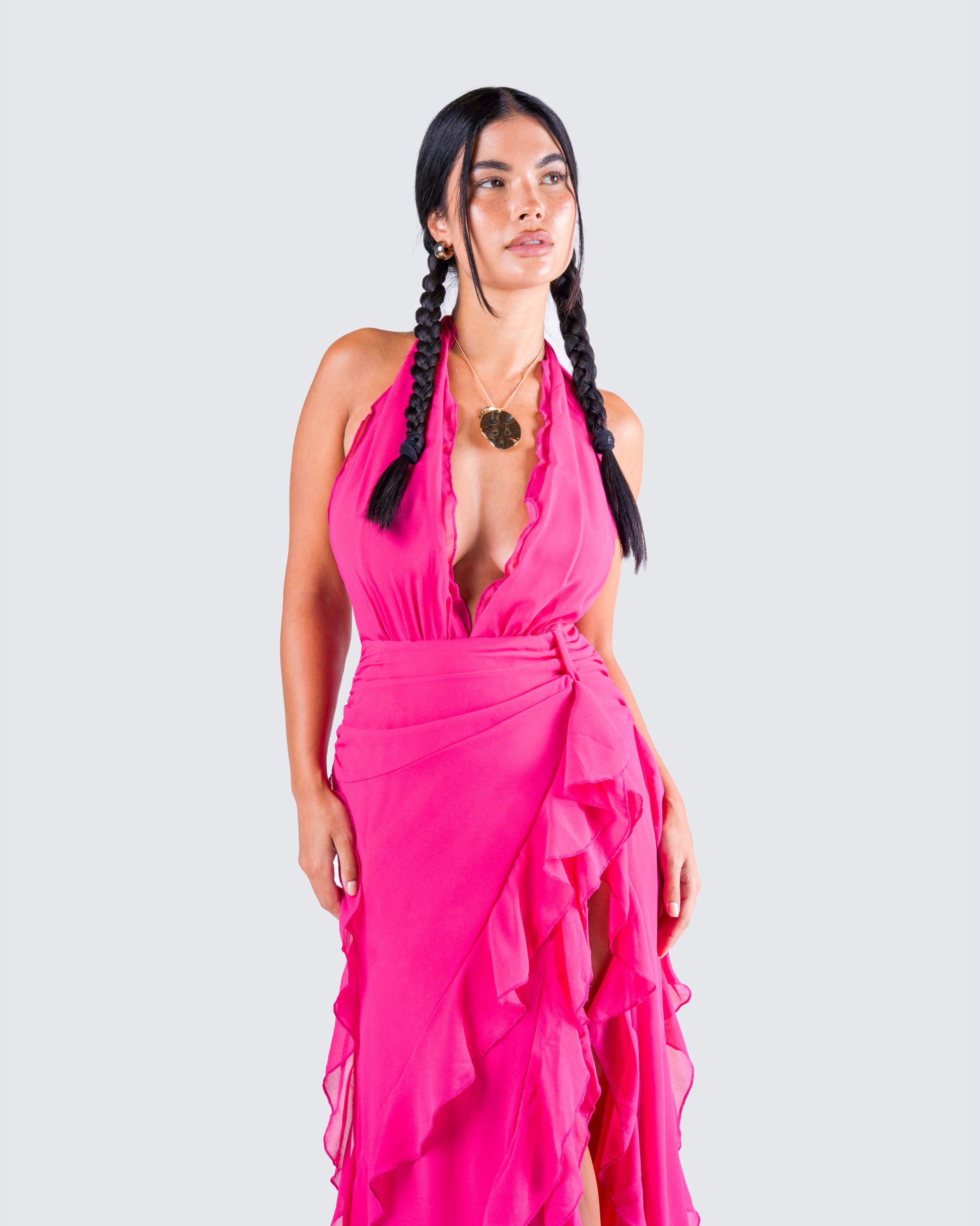 Hot Pink Ruffle Maxi Dress - Halter Cutout Gown FINESSE Hot Pink Ruffle Maxi Dress - Halter Cutout Gown FINESSE