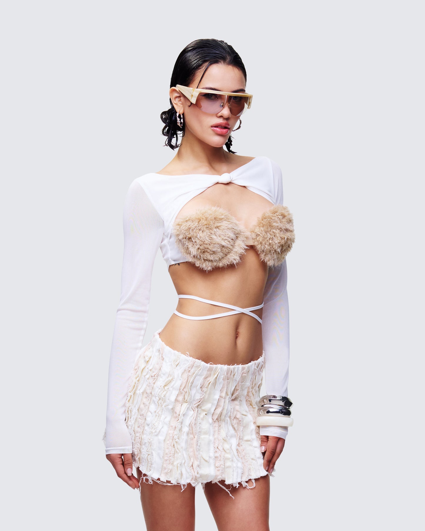 Eyra White Mesh Faux Fur Bust Wrap Top
