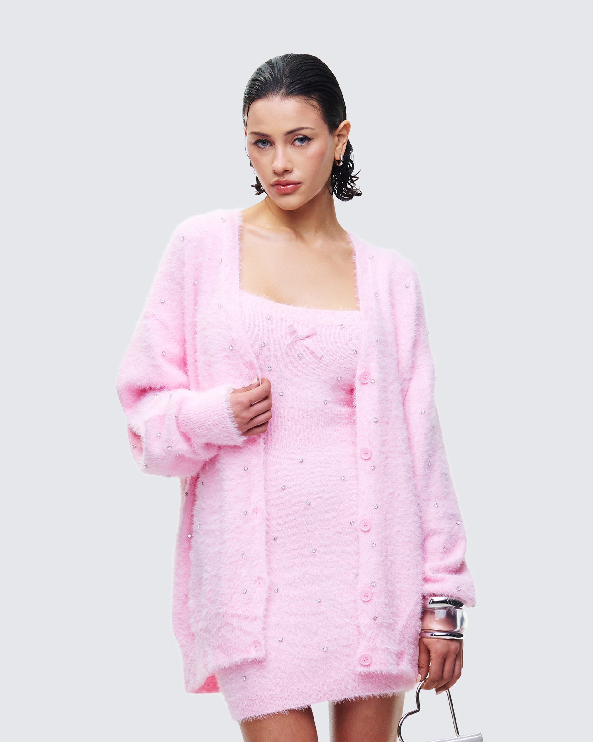 pink cardigan for dress Pink Slip Dress + Oversized Cardigan