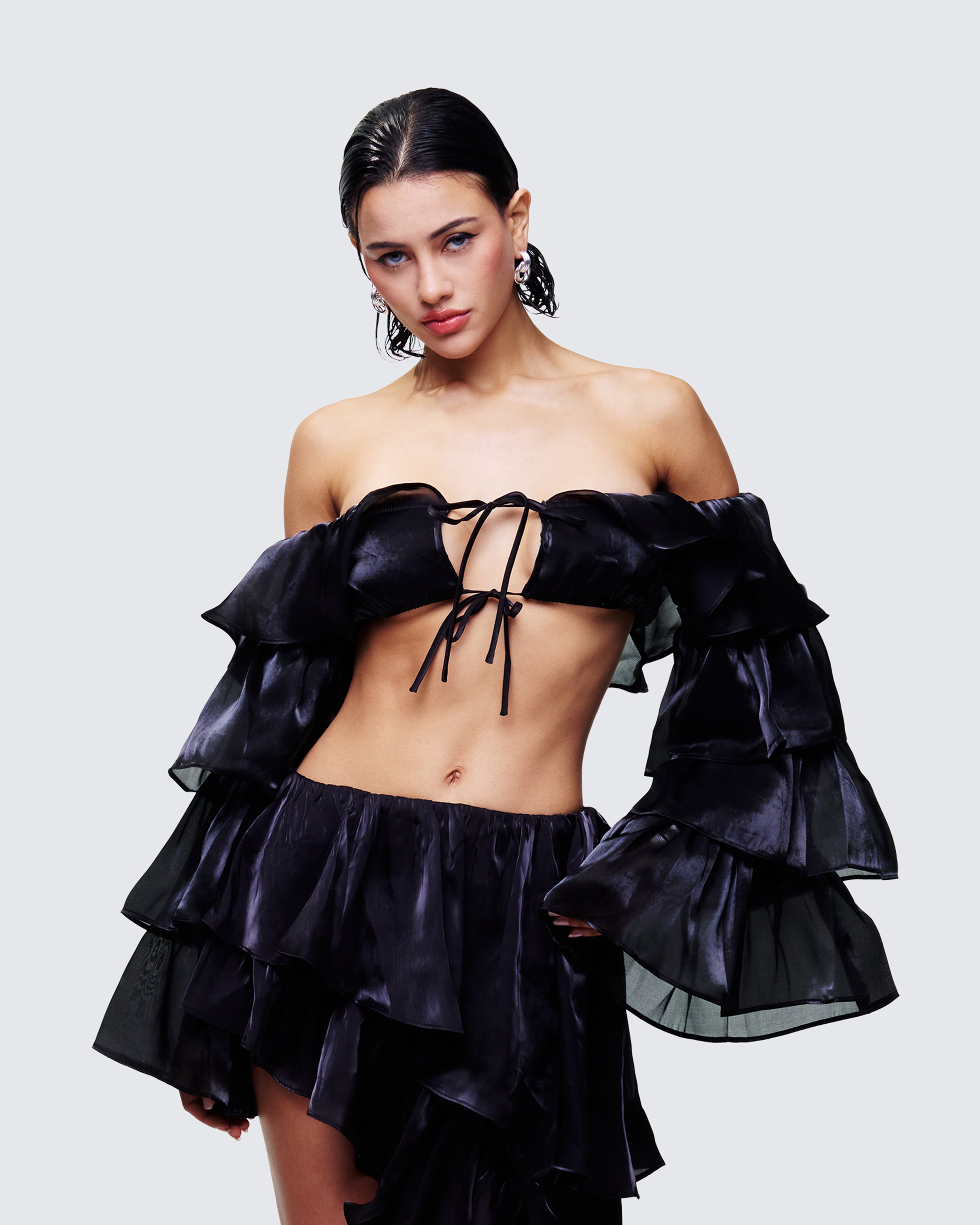 Black Ruffle Sleeve Crop Top - Off Shoulder Tiered – FINESSE
