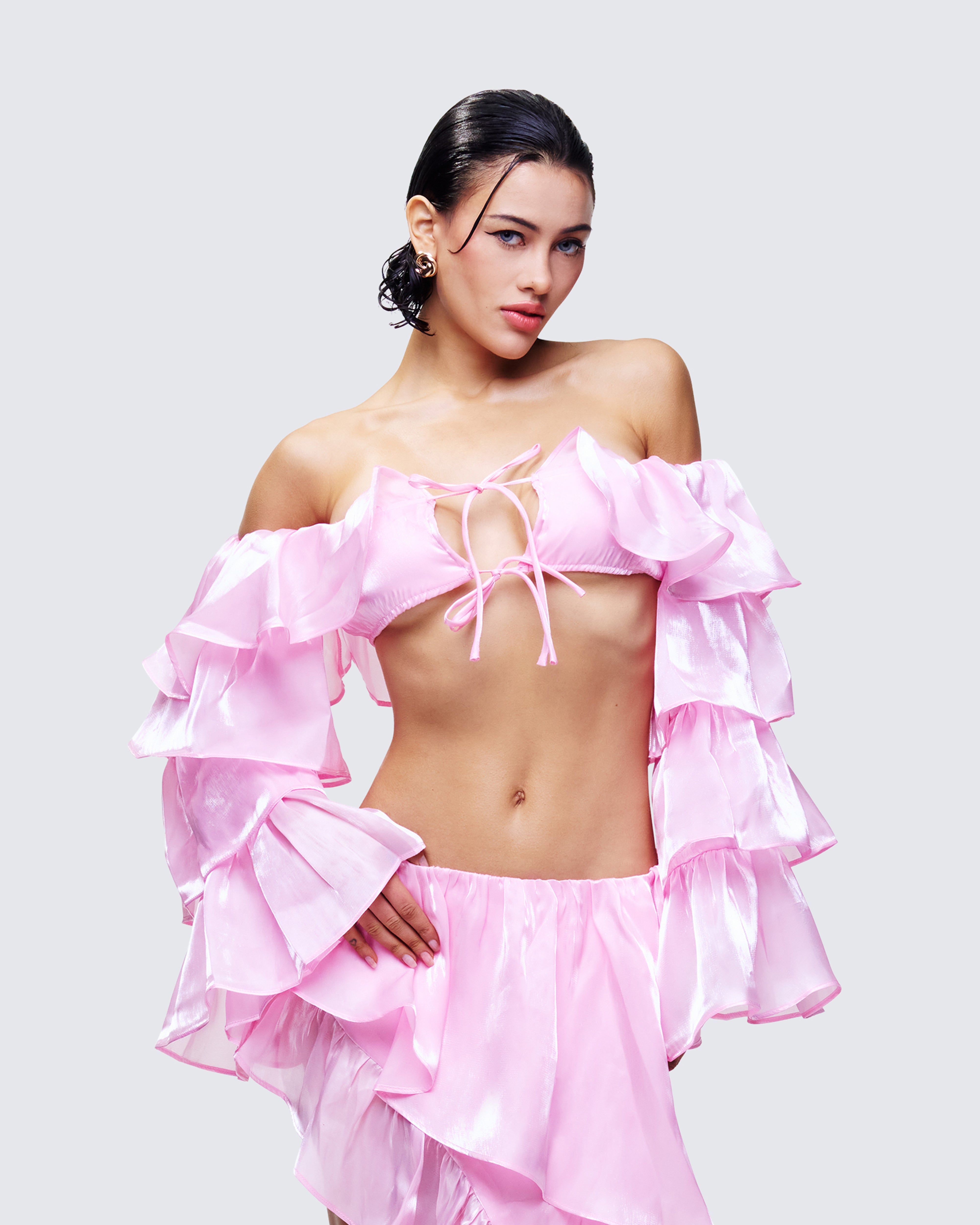 Pink Ruffle Sleeve Crop Top - Off Shoulder Tiered – FINESSE