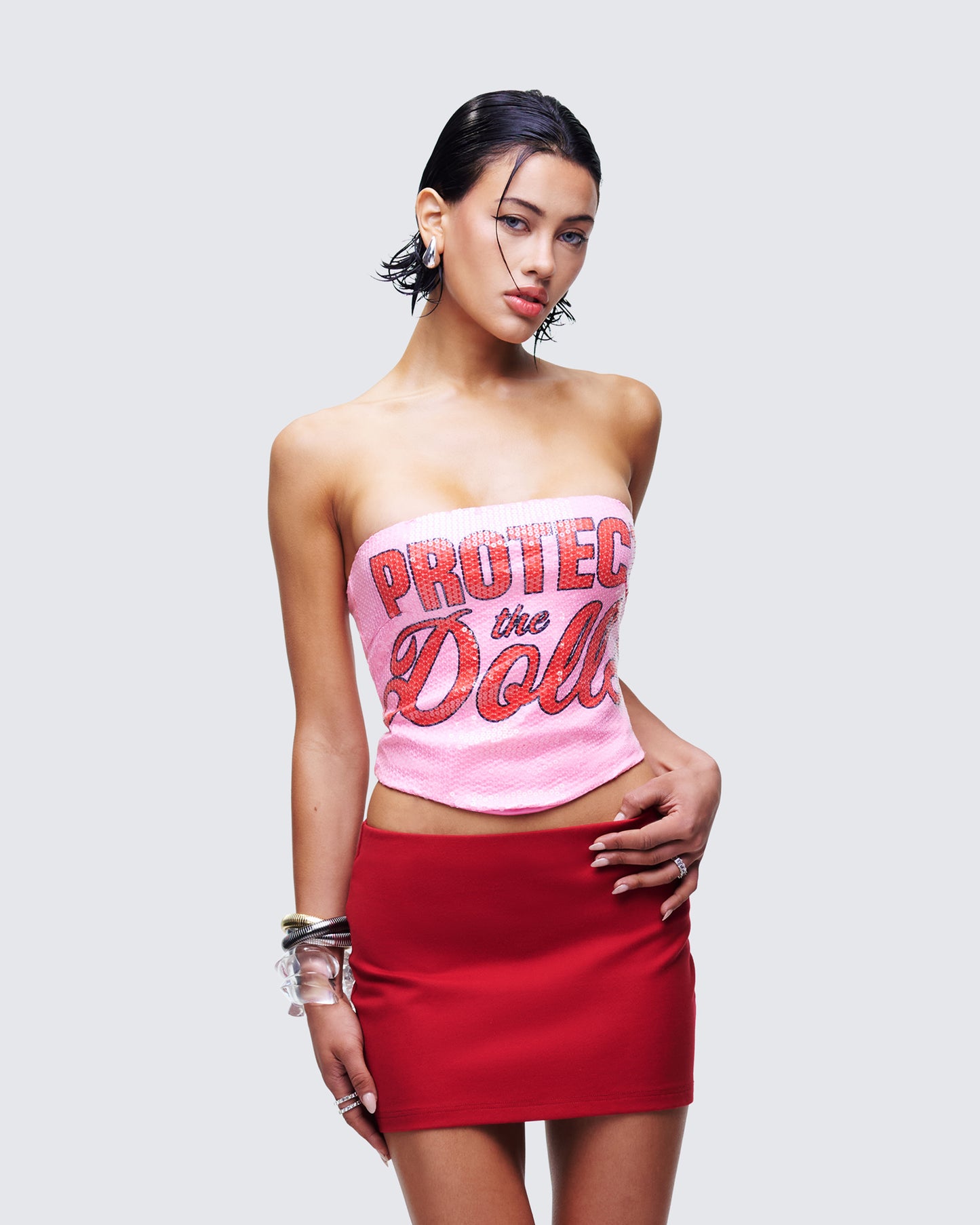 Astraia Pink Slogan Sequin Bandeau Top