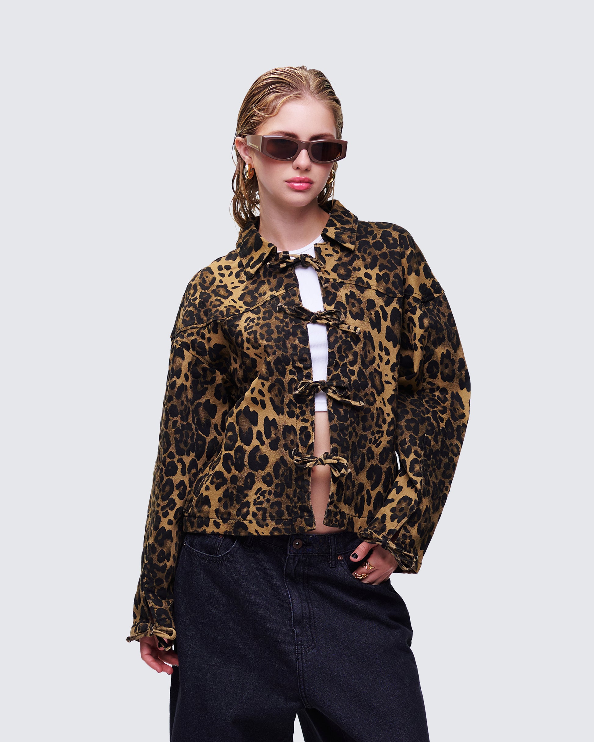 Lucretia Leopard Bow Tied Twill Shirt Jacket