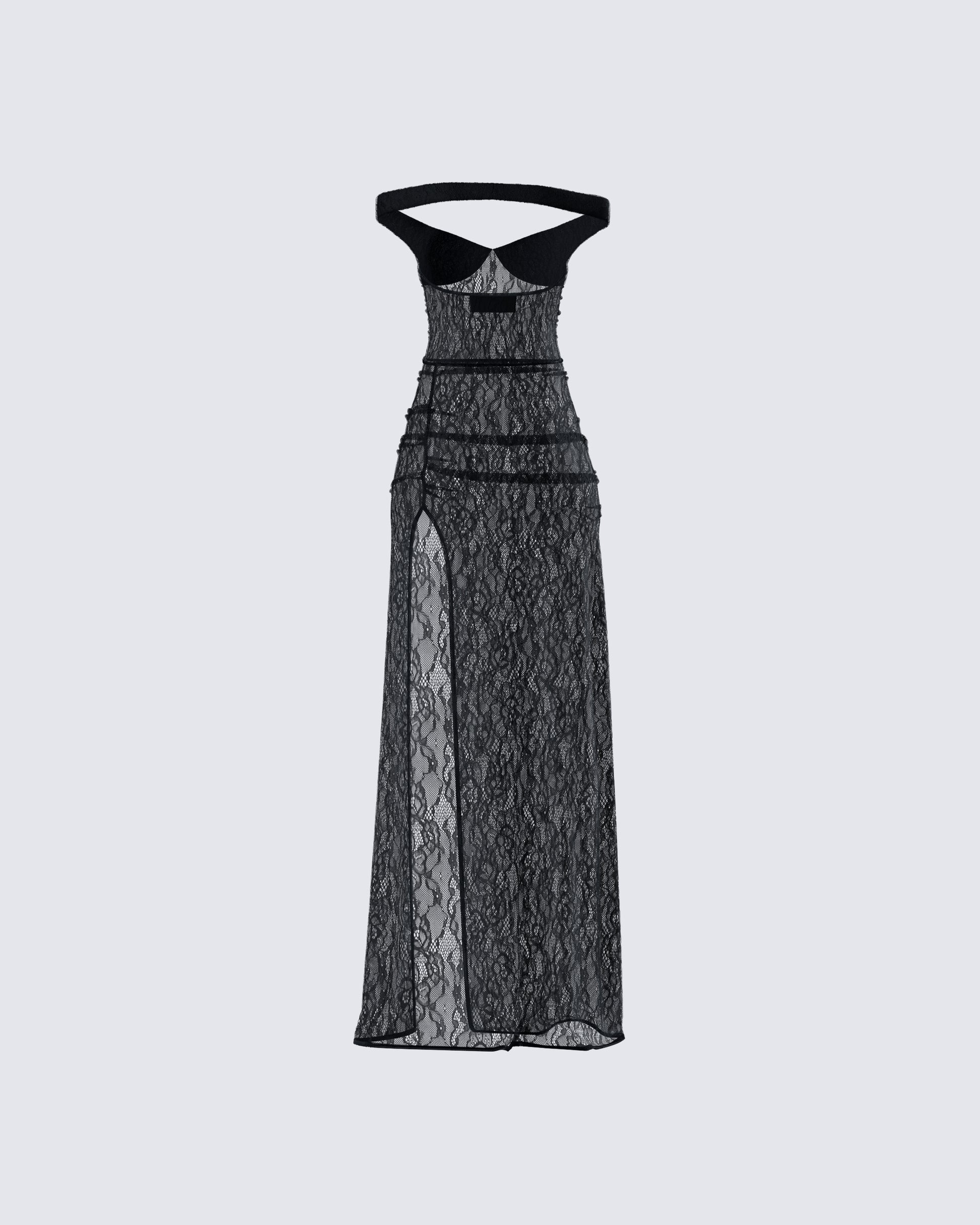 Black Lace Maxi Dress - Off Shoulder Bardot Gown FINESSE Black Lace Maxi Dress - Off Shoulder Bardot Gown FINESSE