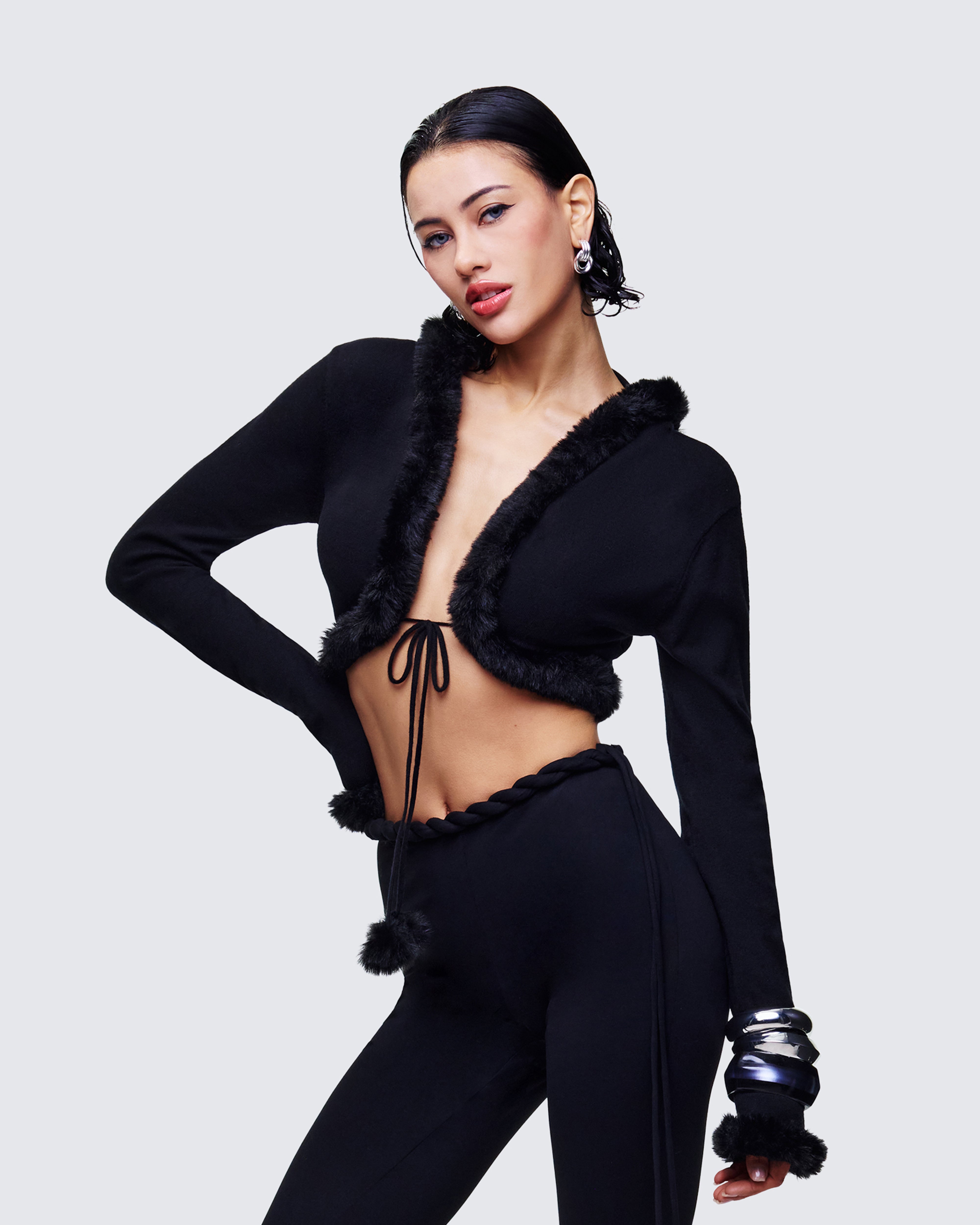 Black Fur Trim Cardigan - Cropped Bow Tie Sweater – FINESSE