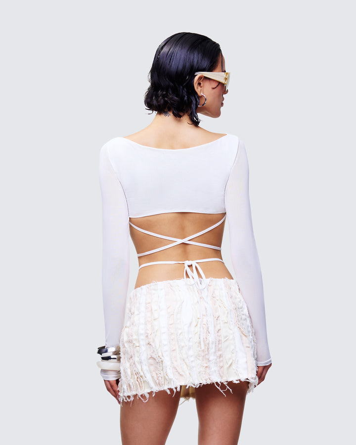 Eyra White Mesh Faux Fur Bust Wrap Top
