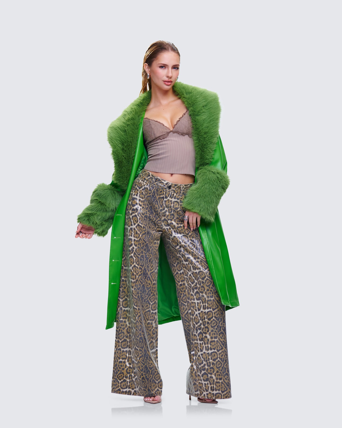 Chlo Green Faux Leather Fur Trim Coat