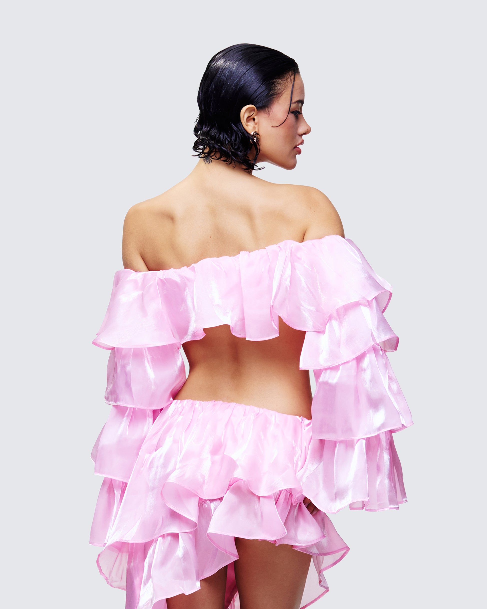 Skipper Pink Ruffle Sleeve Crop Top - back view