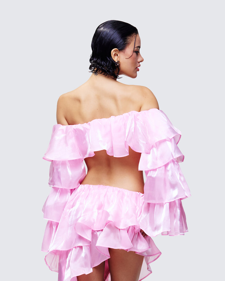Skipper Pink Ruffle Sleeve Crop Top - back view