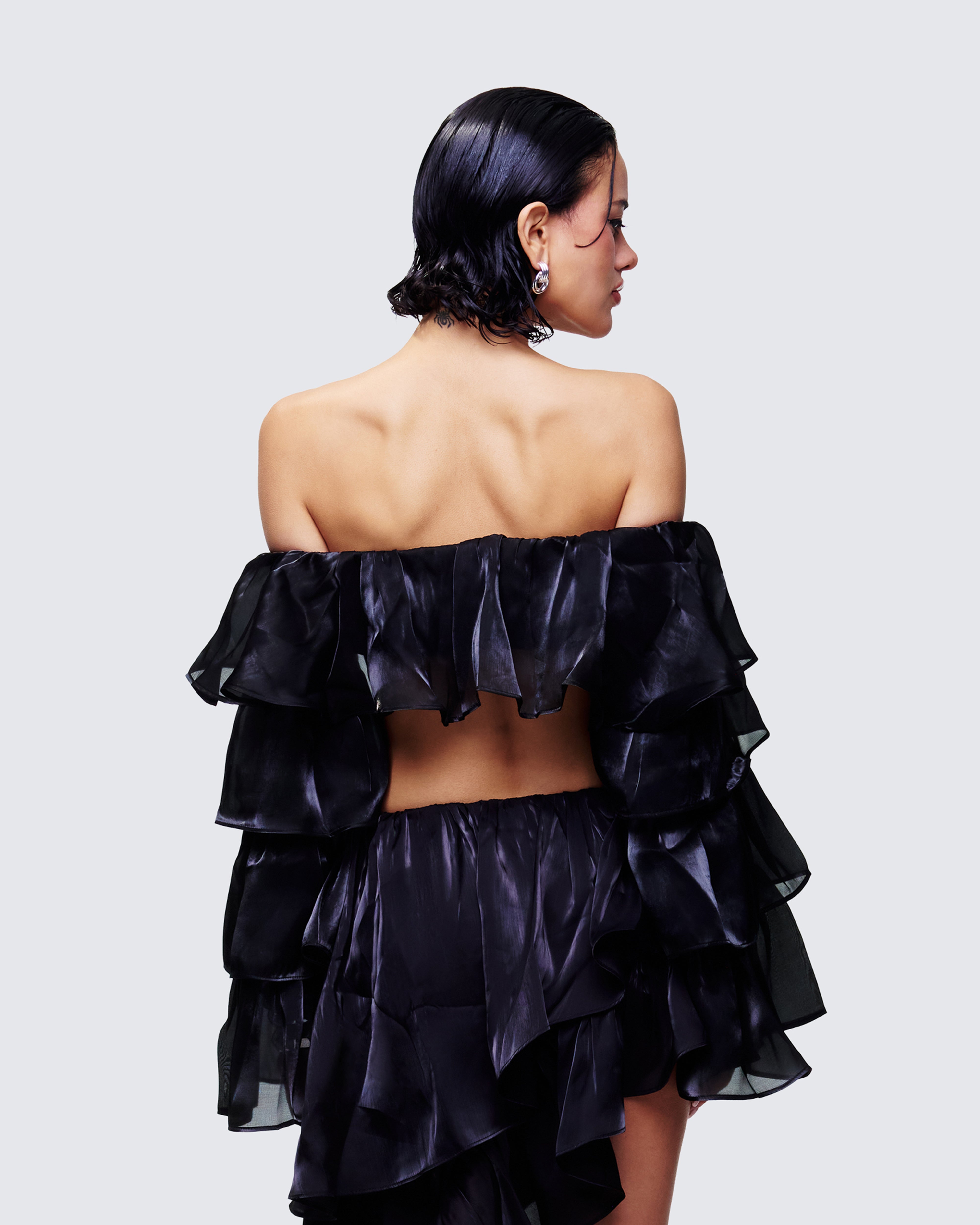 Black Ruffle Sleeve Crop Top - Off Shoulder Tiered – FINESSE Black Ruffle Sleeve Crop Top - Off Shoulder Tiered – FINESSE
