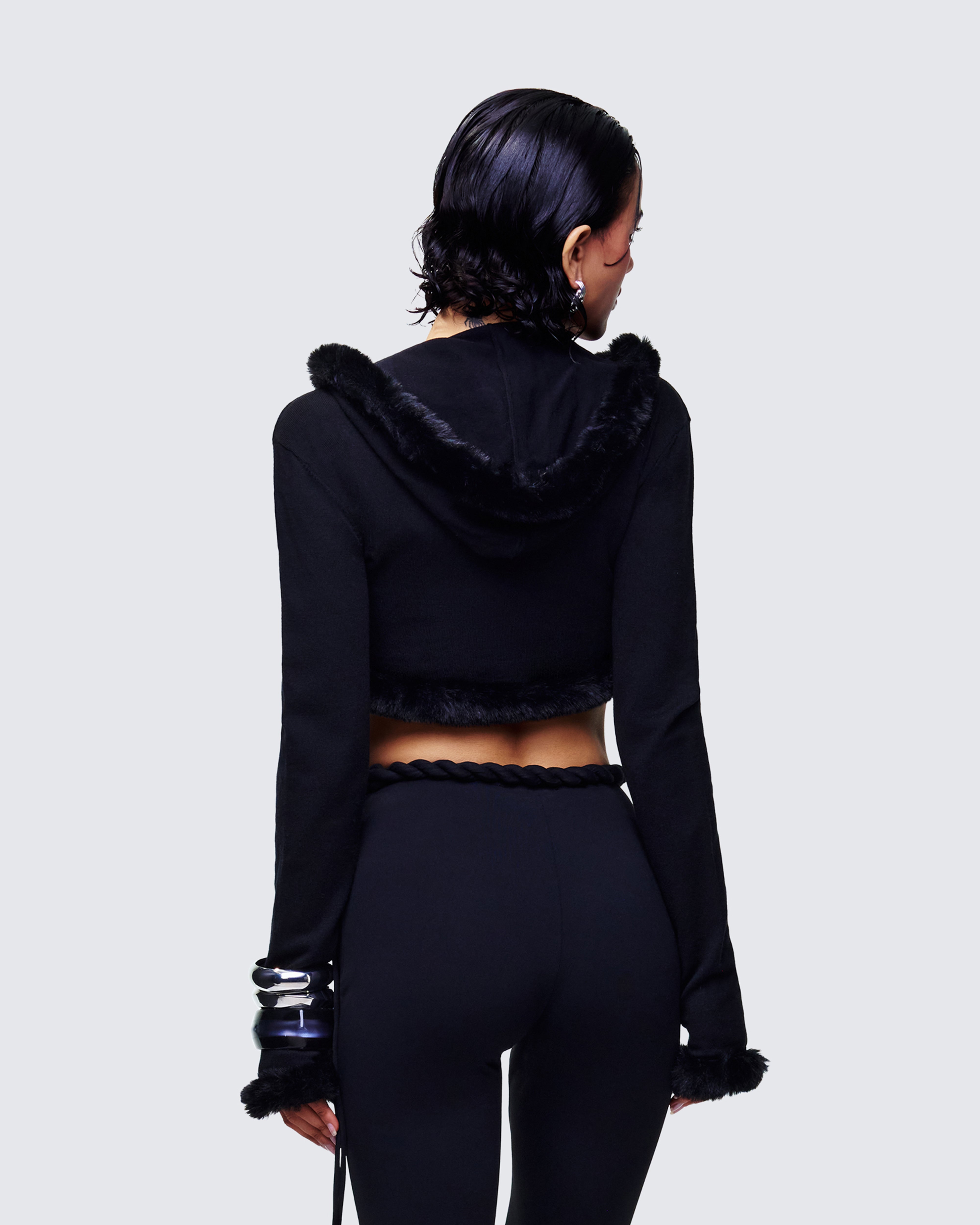 Black Fur Trim Cardigan - Cropped Bow Tie Sweater – FINESSE