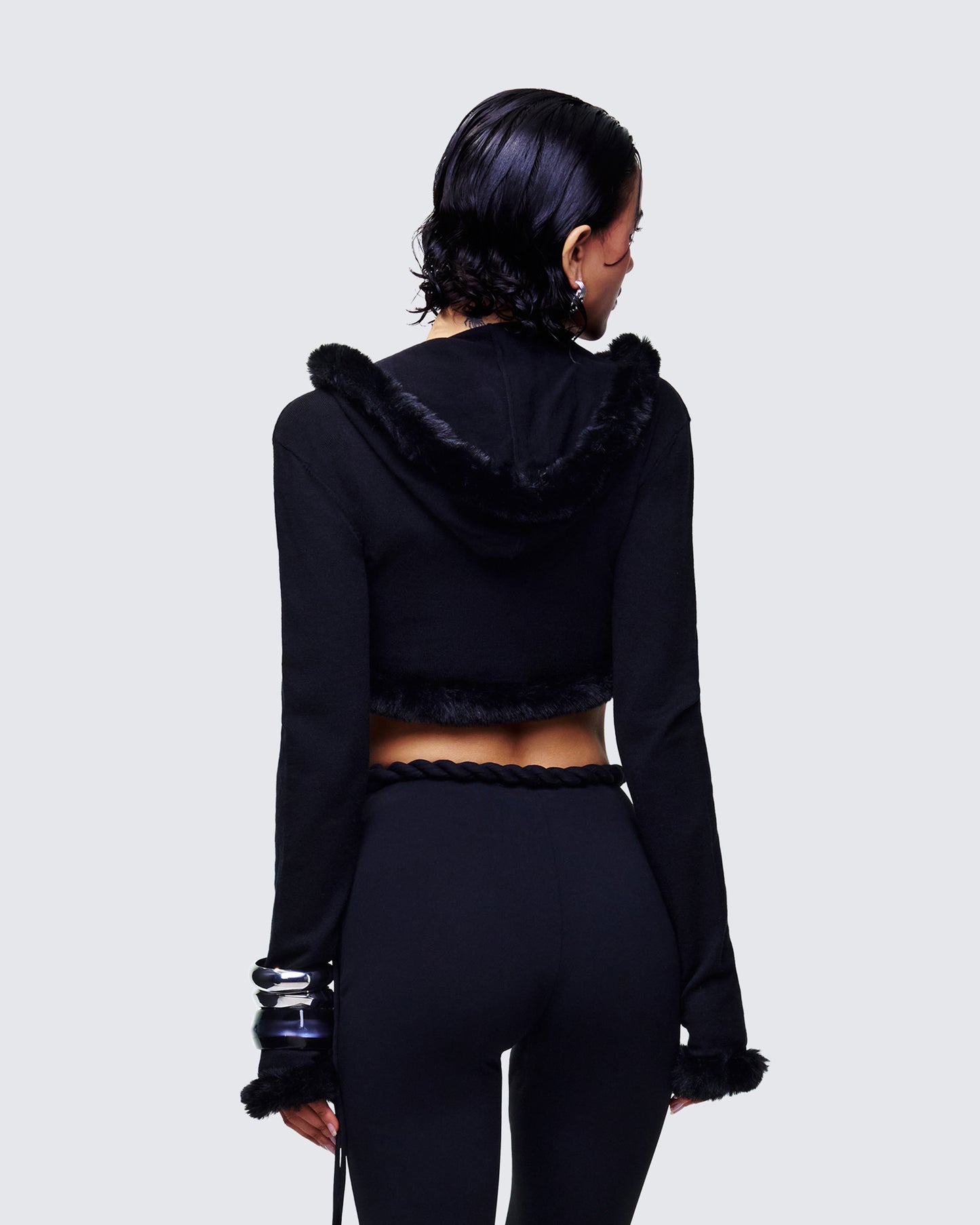 Shoshana Black Fur Trimmed Bow Tied Cardigan