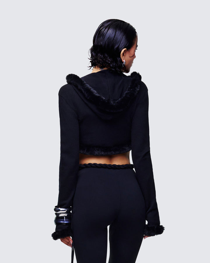 Shoshana Black Fur Trimmed Bow Tied Cardigan