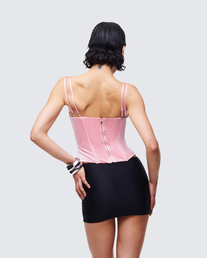 Demy Pink Velvet Bow Detail Corset Top