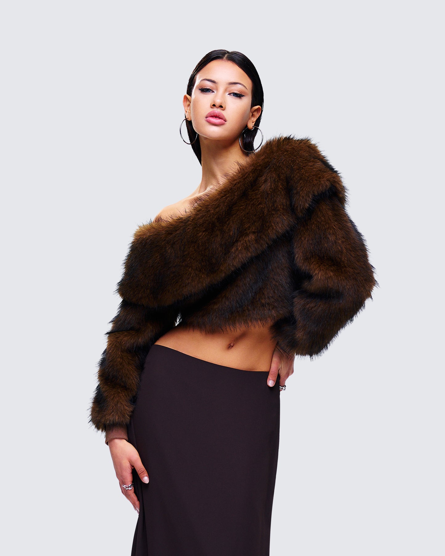 Nadi Brown Faux Fur Off Shoulder Top