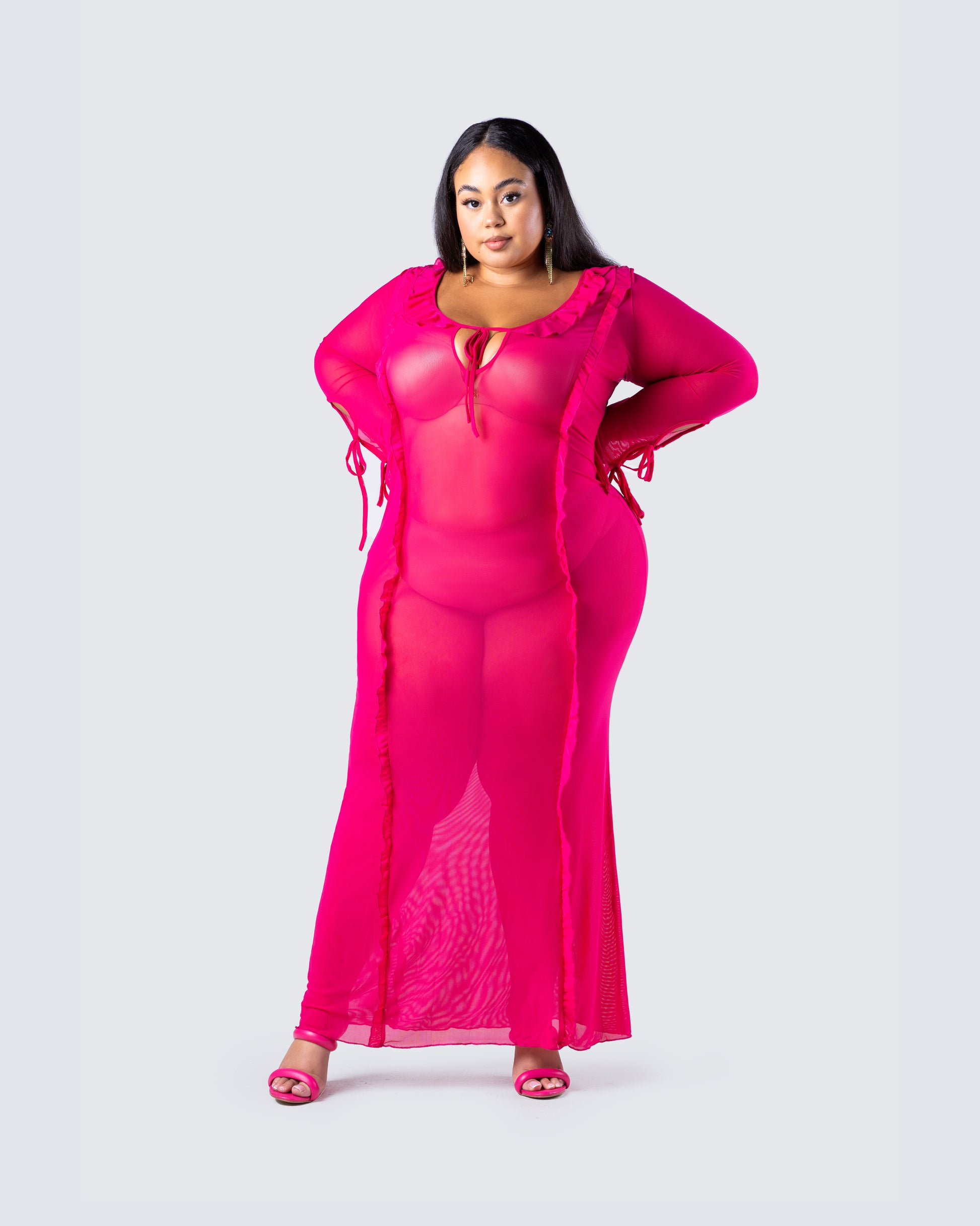 Magenta Mesh Maxi Dress - Cutout Bell Sleeve FINESSE Magenta Mesh Maxi Dress - Cutout Bell Sleeve FINESSE