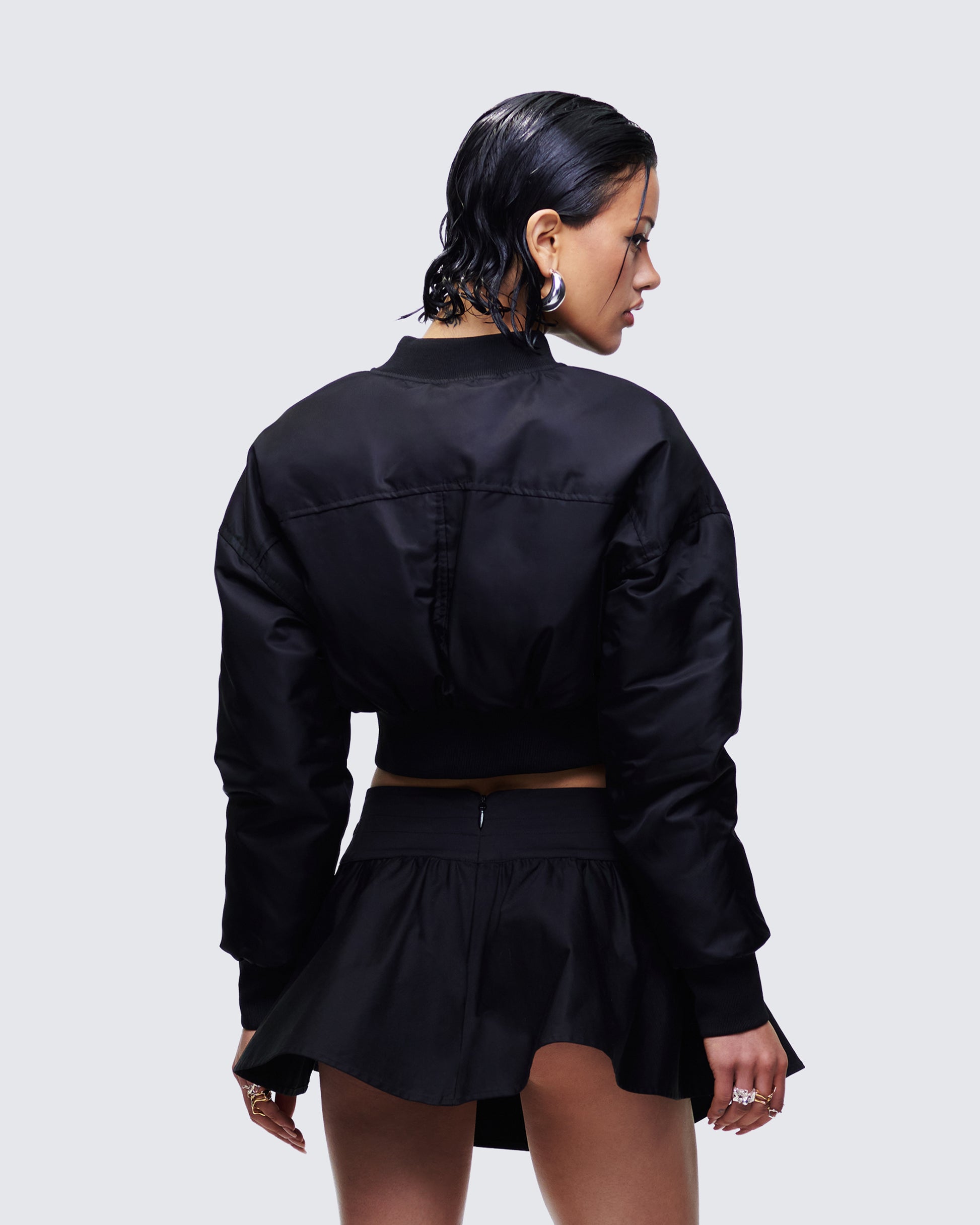 Khione Black Flight Satin Cropped Bomber Jacket