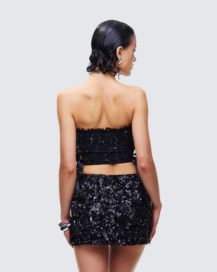 Cinday Black Sequin Side Tie Corset