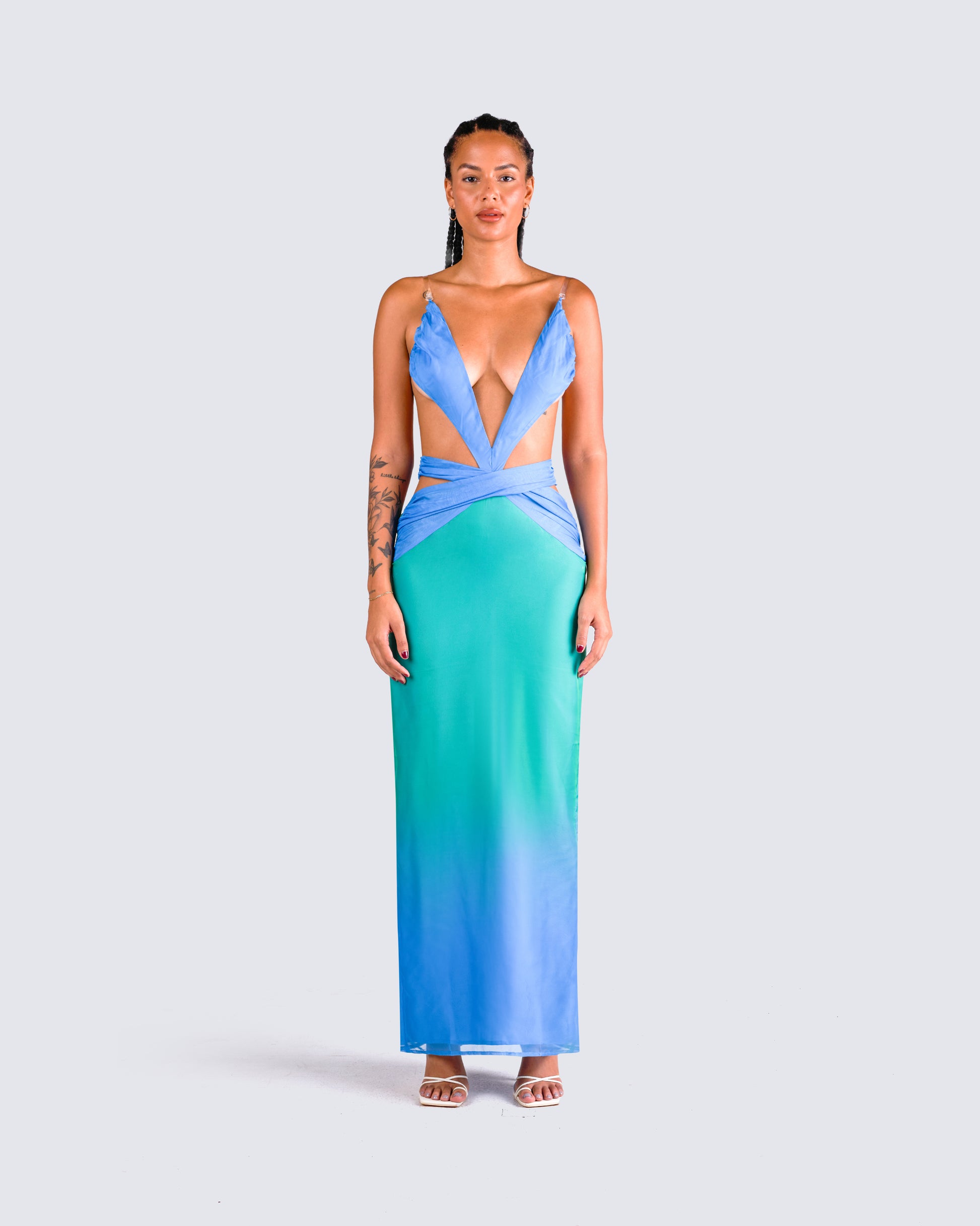 Blue Green Ombre Maxi Dress - Halter Keyhole Cut Out FINESSE Blue Green Ombre Maxi Dress - Halter Keyhole Cut Out FINESSE