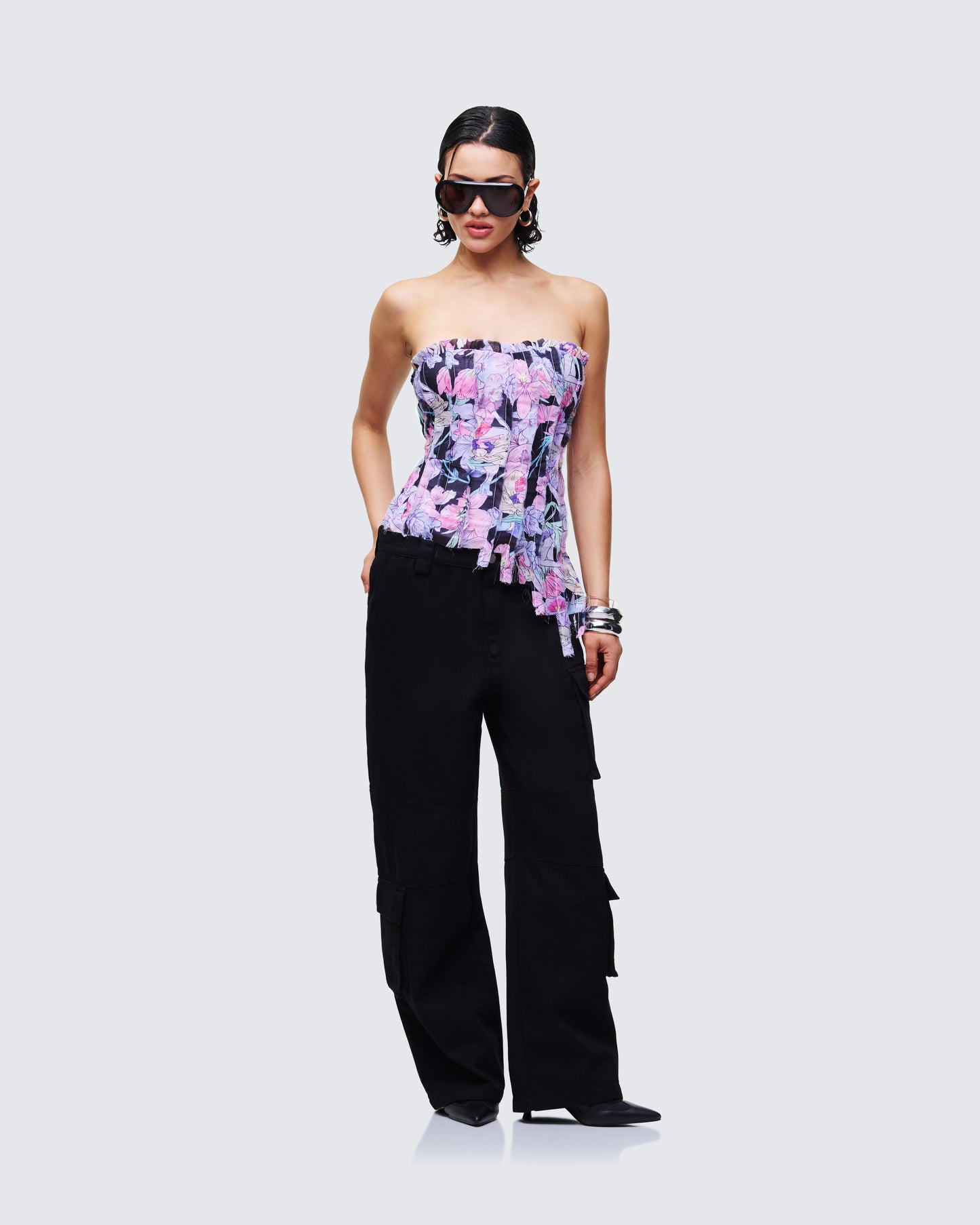 Claudette Black Printed Chiffon Corset Top