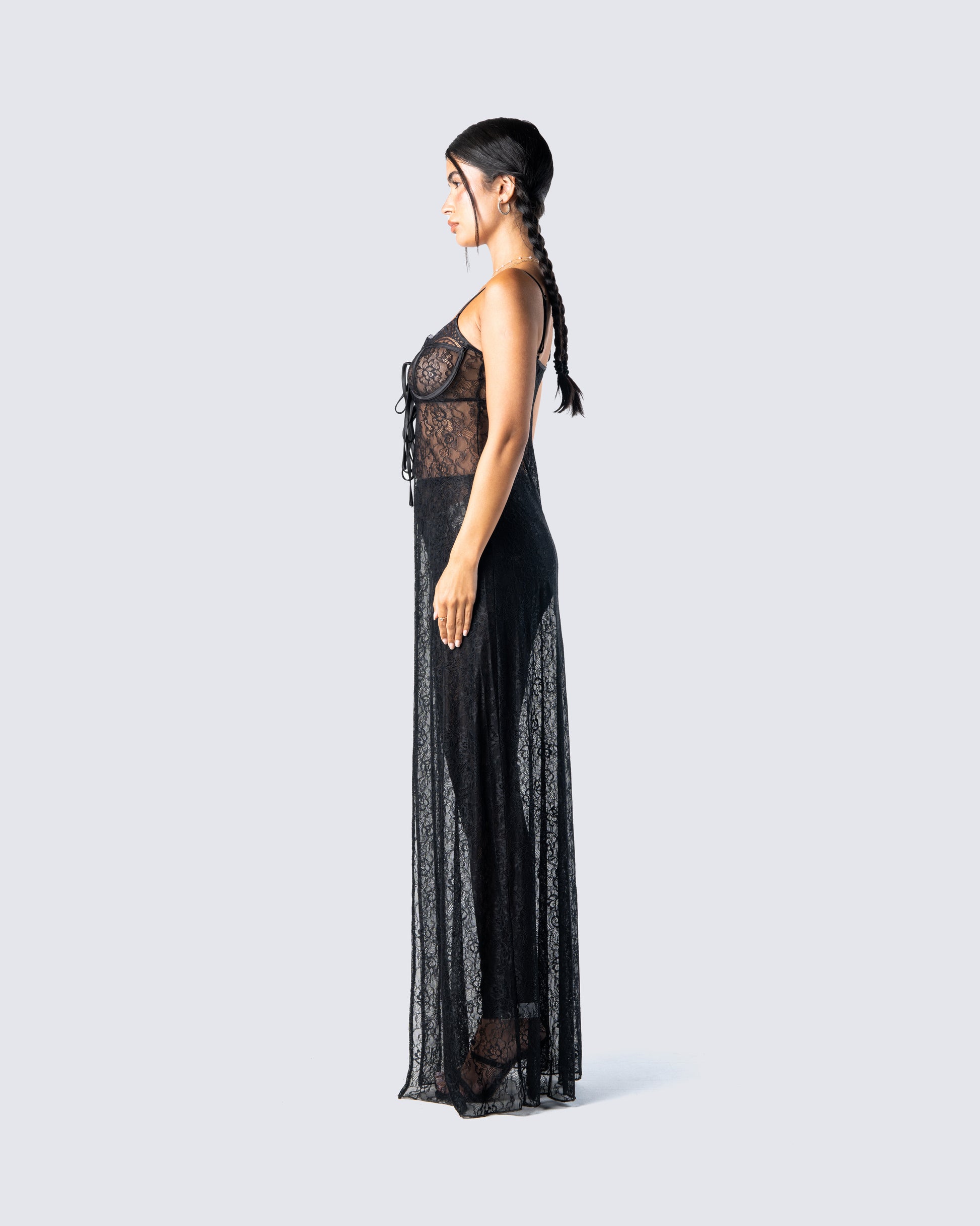 Black Lace Maxi Dress - Sheer Bustier Corset Top FINESSE Black Lace Maxi Dress - Sheer Bustier Corset Top FINESSE