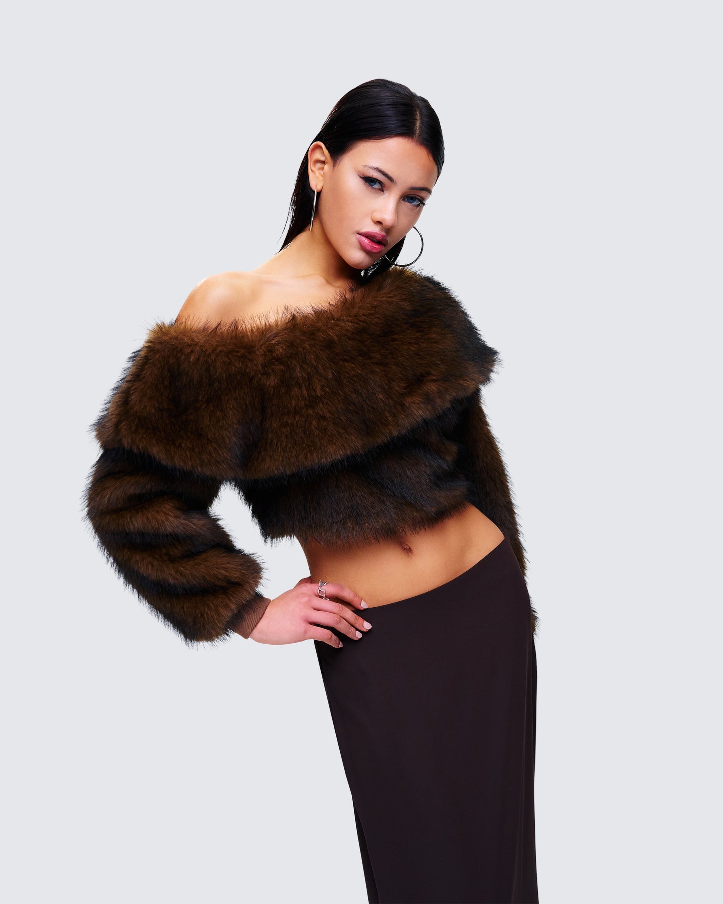 Nadi Brown Faux Fur Off Shoulder Top