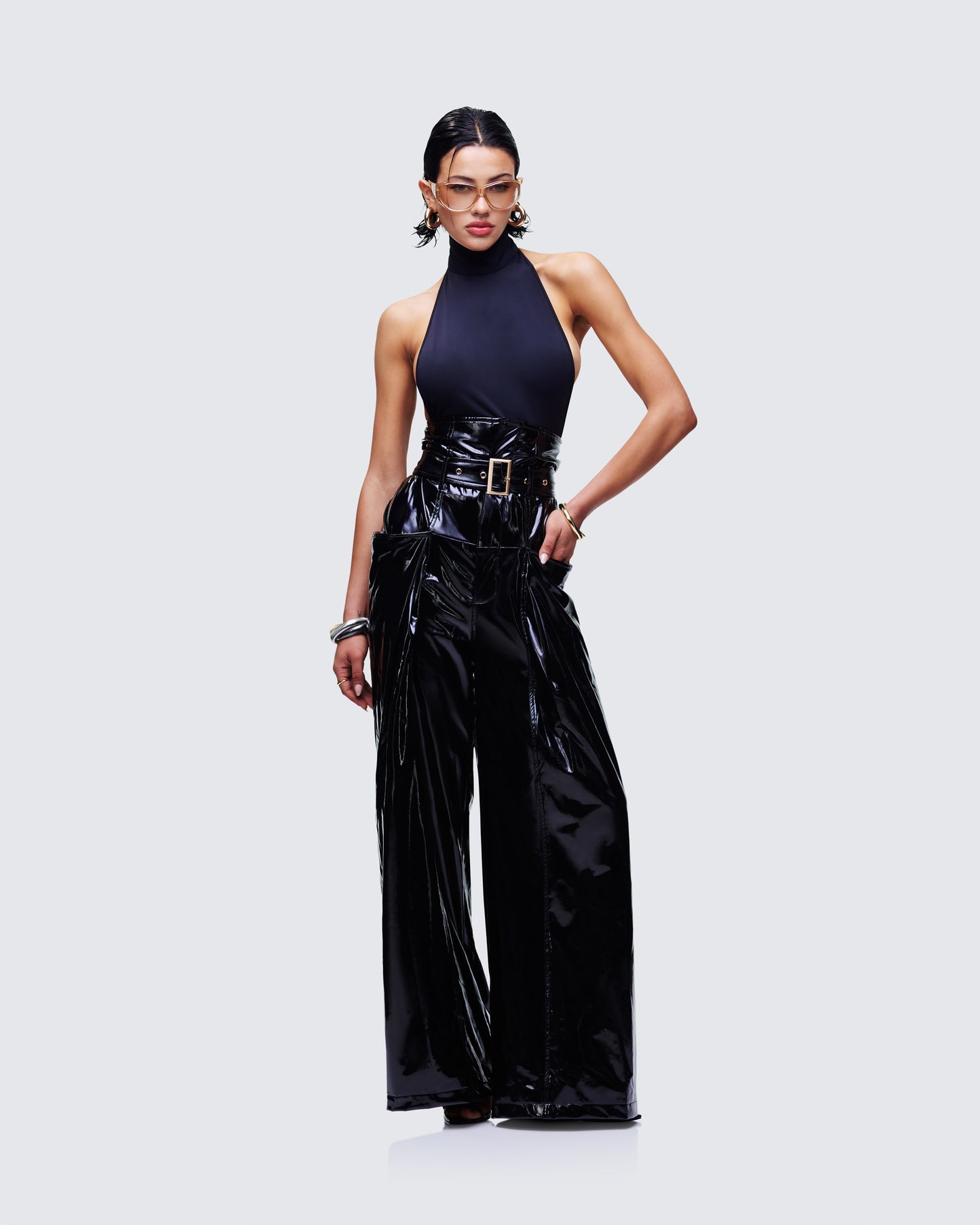 Melusine Black Vegan Leather Belted Paperbag Trousers