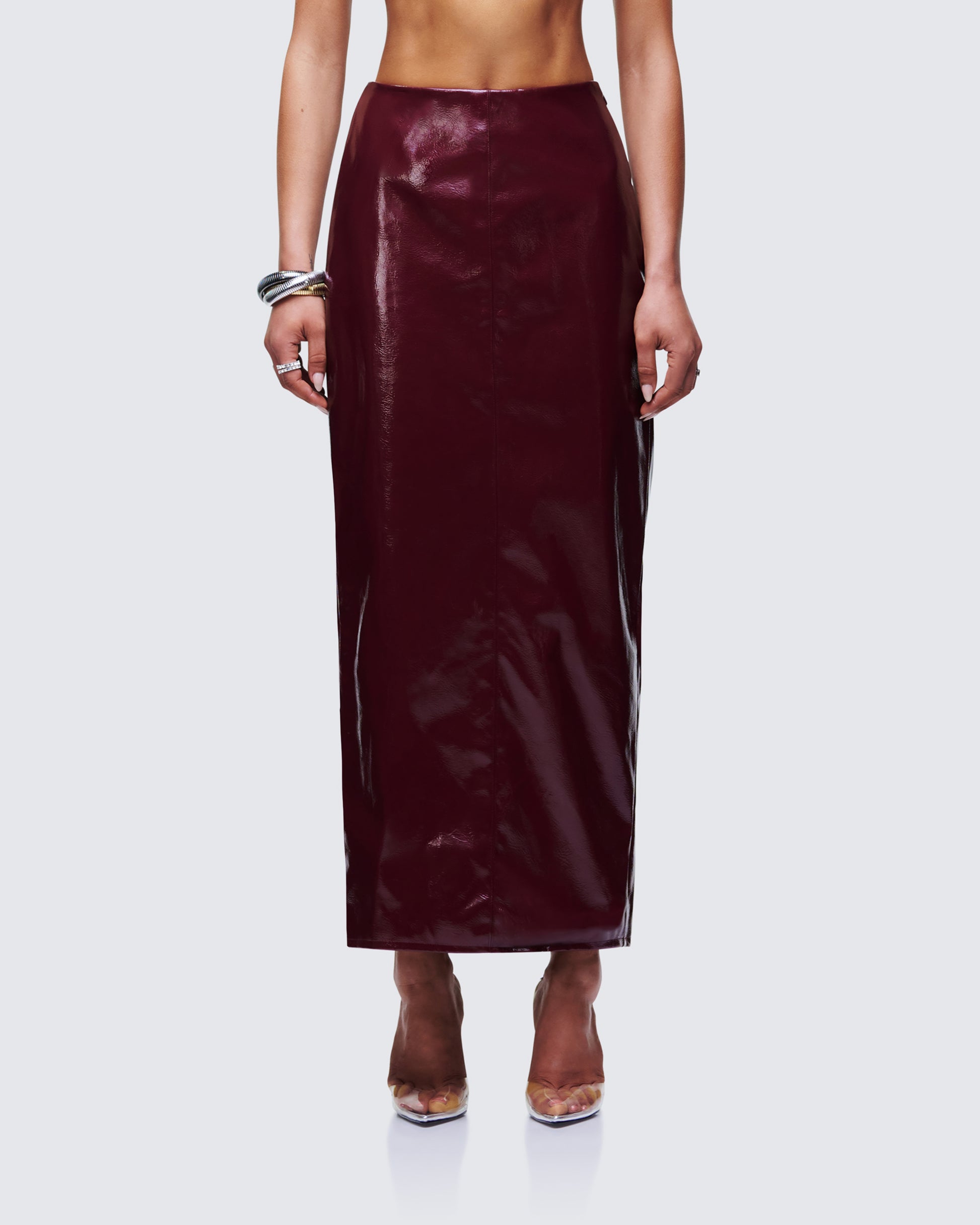 Matilde Plum Vegan Leather Pencil Midi Skirt model front