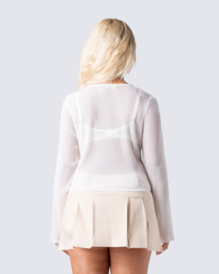 Emil White Plisse Long Sleeve Top