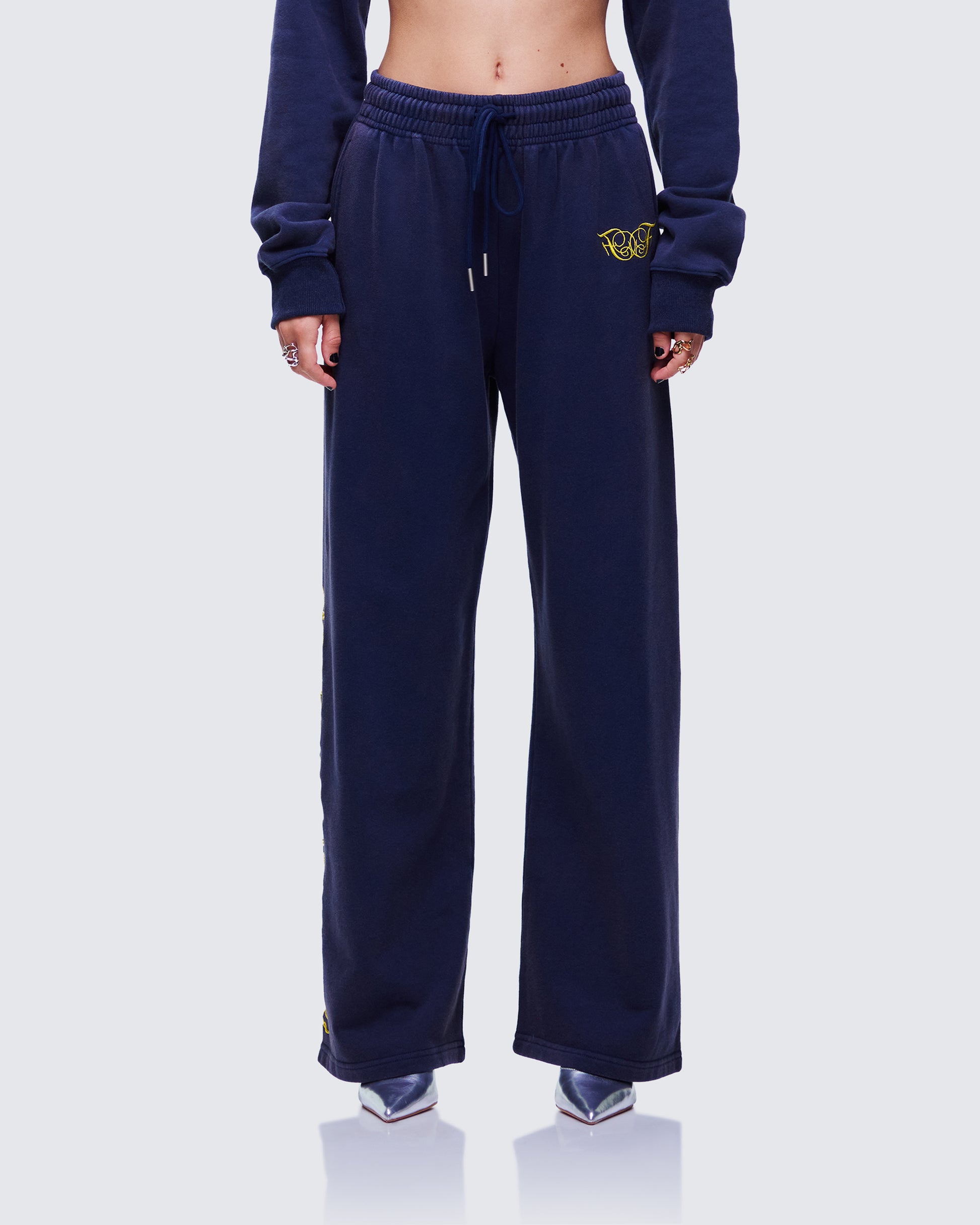 Kamilah Blue Acid Wash Wide Leg Sweat Pant model front