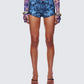 Meili Blue Fused Lace Mini Shorts model front