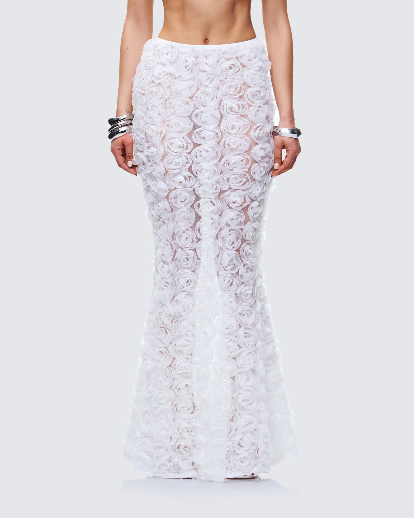 Ambrose White 3D Flower Maxi Skirt model front