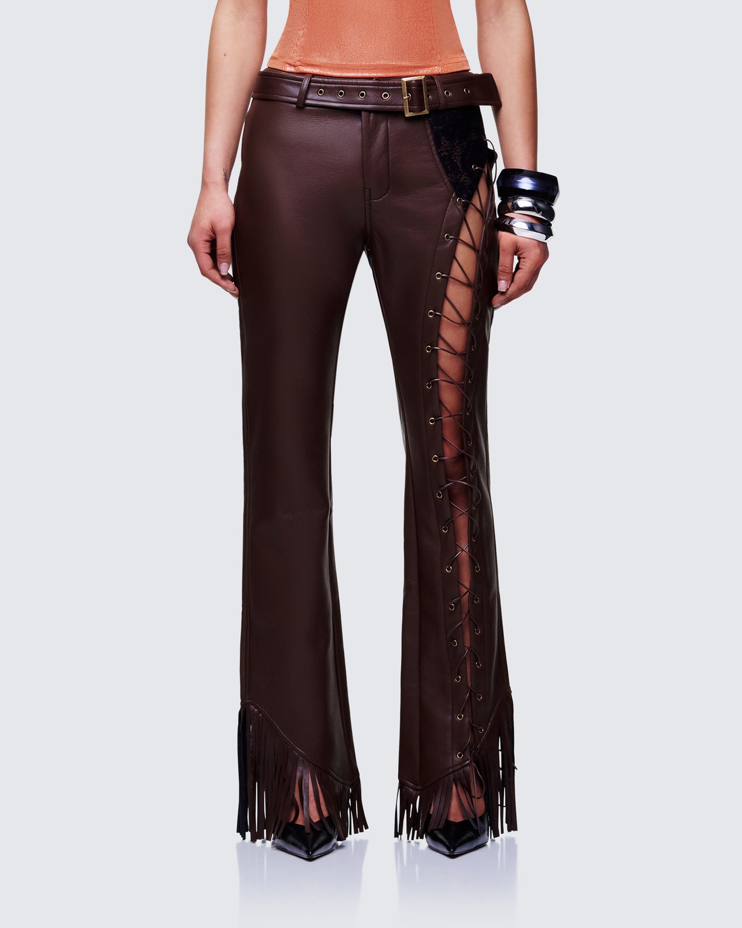 Liora Brown Vegan Leather Laced Pants model front