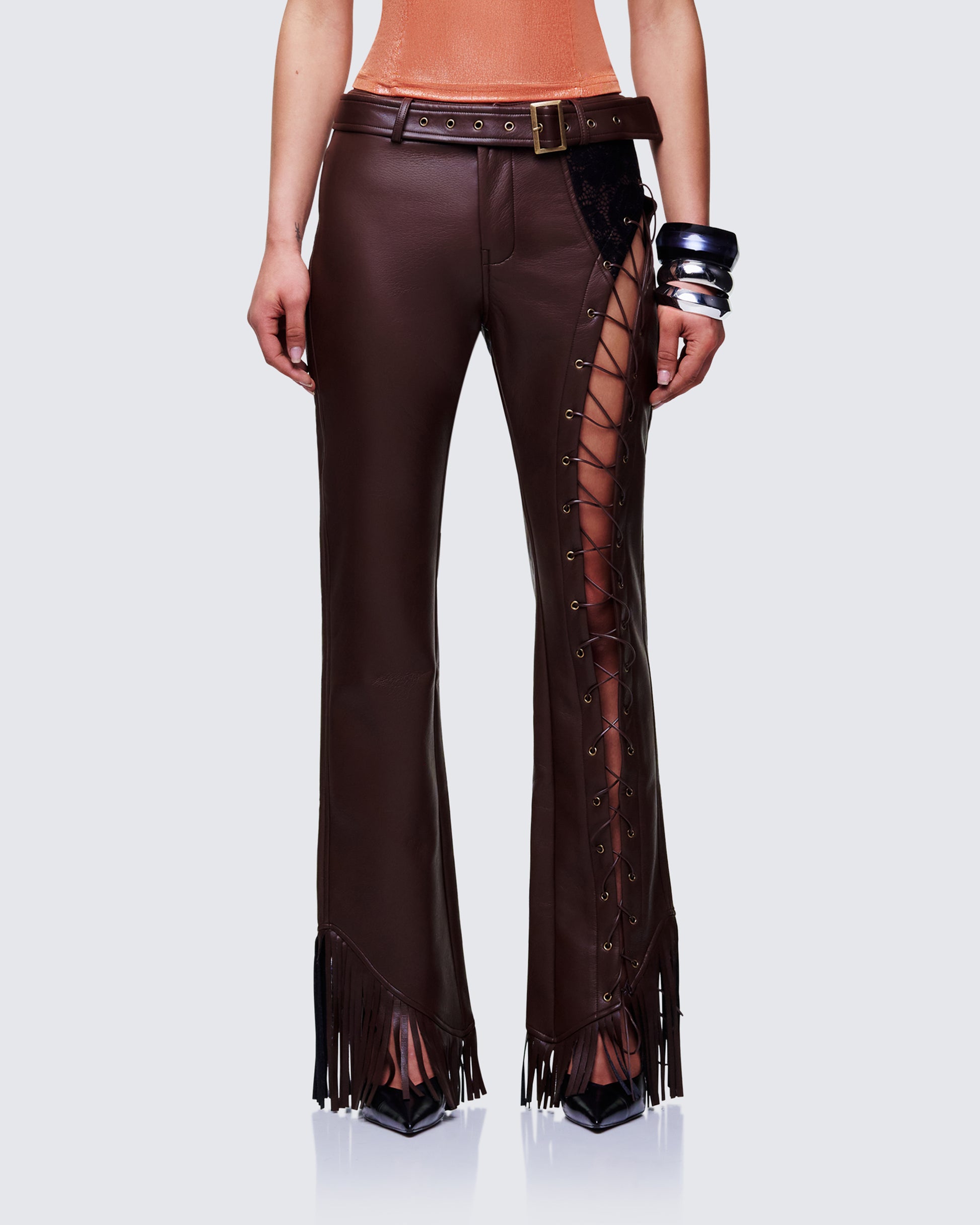 Liora Brown Vegan Leather Laced Pants model front