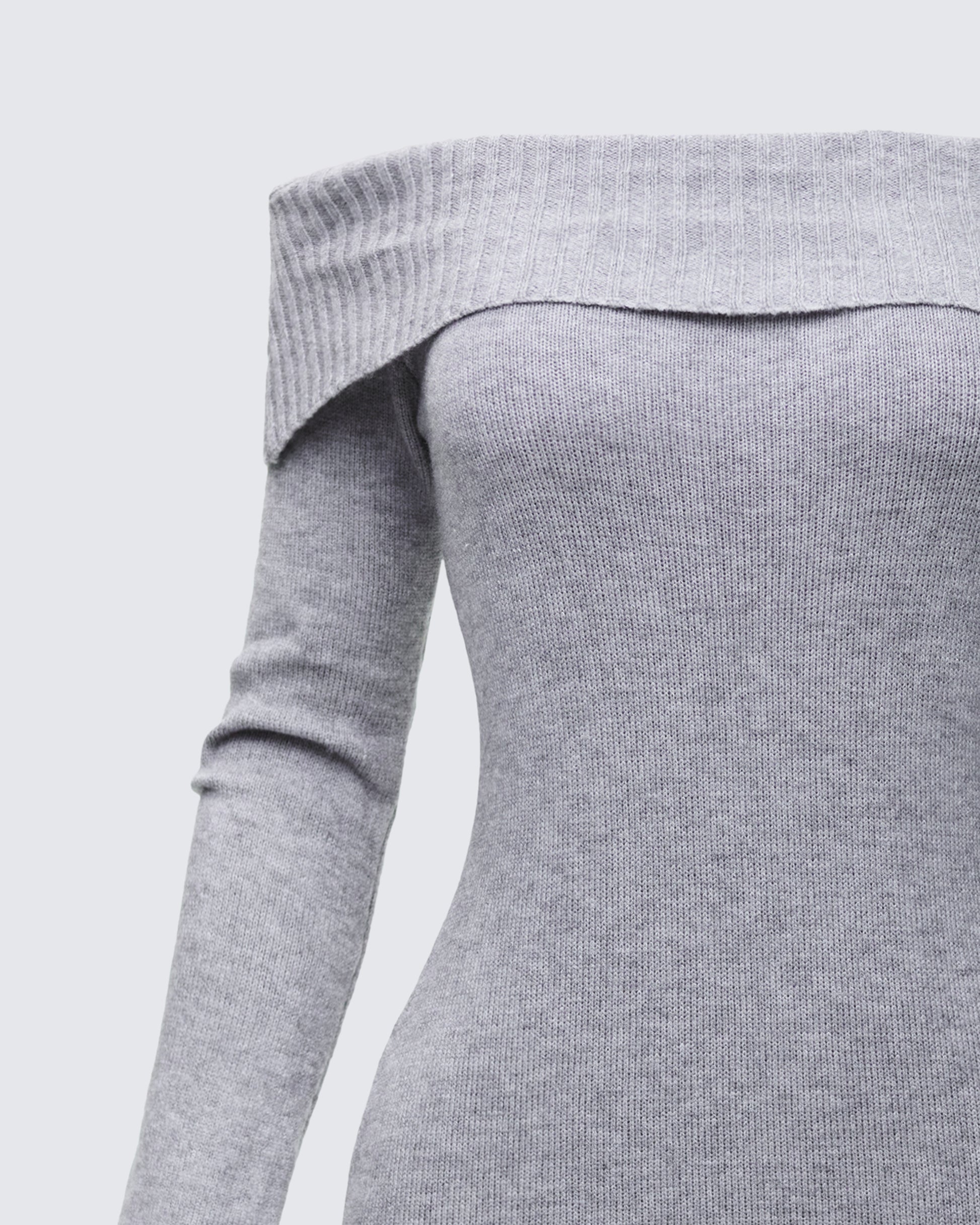Grey Off-Shoulder Sweater Dress - Bodycon Knit Mini FINESSE Grey Off-Shoulder Sweater Dress - Bodycon Knit Mini FINESSE