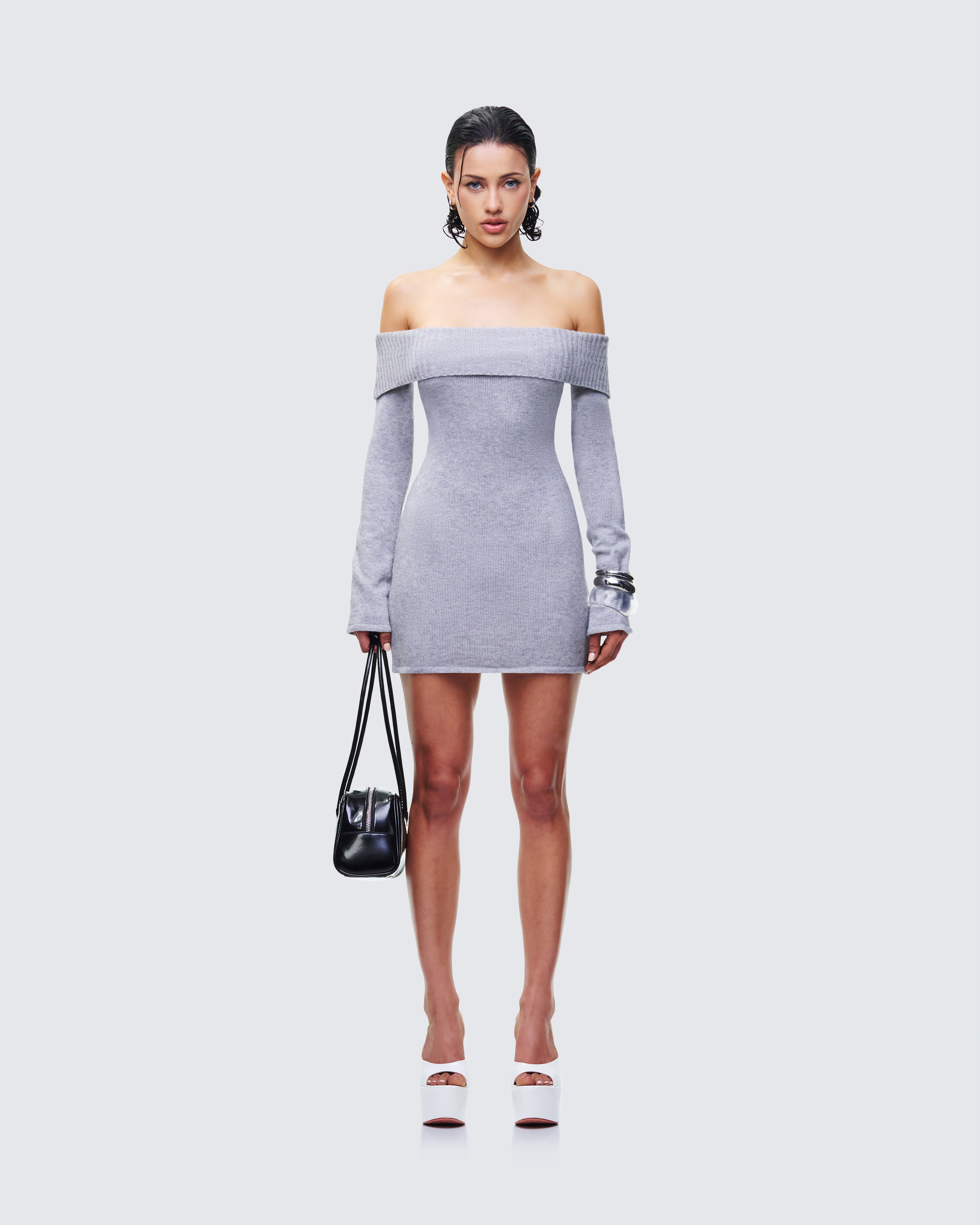 Grey Off-Shoulder Sweater Dress - Bodycon Knit Mini – FINESSE