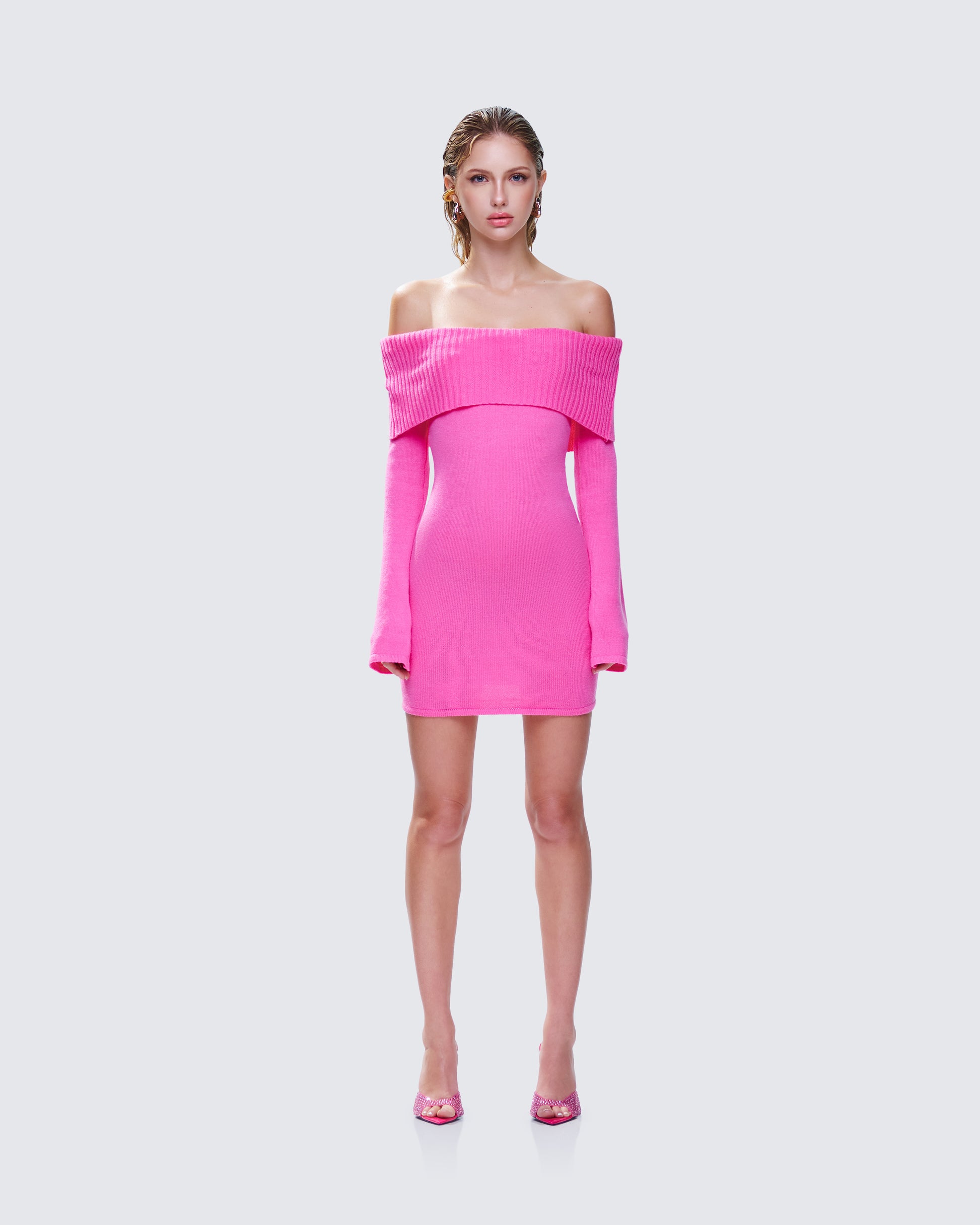 off the shoulder pink sweater dress Line & Dot Lenora Off Shoulder Dress in Pink