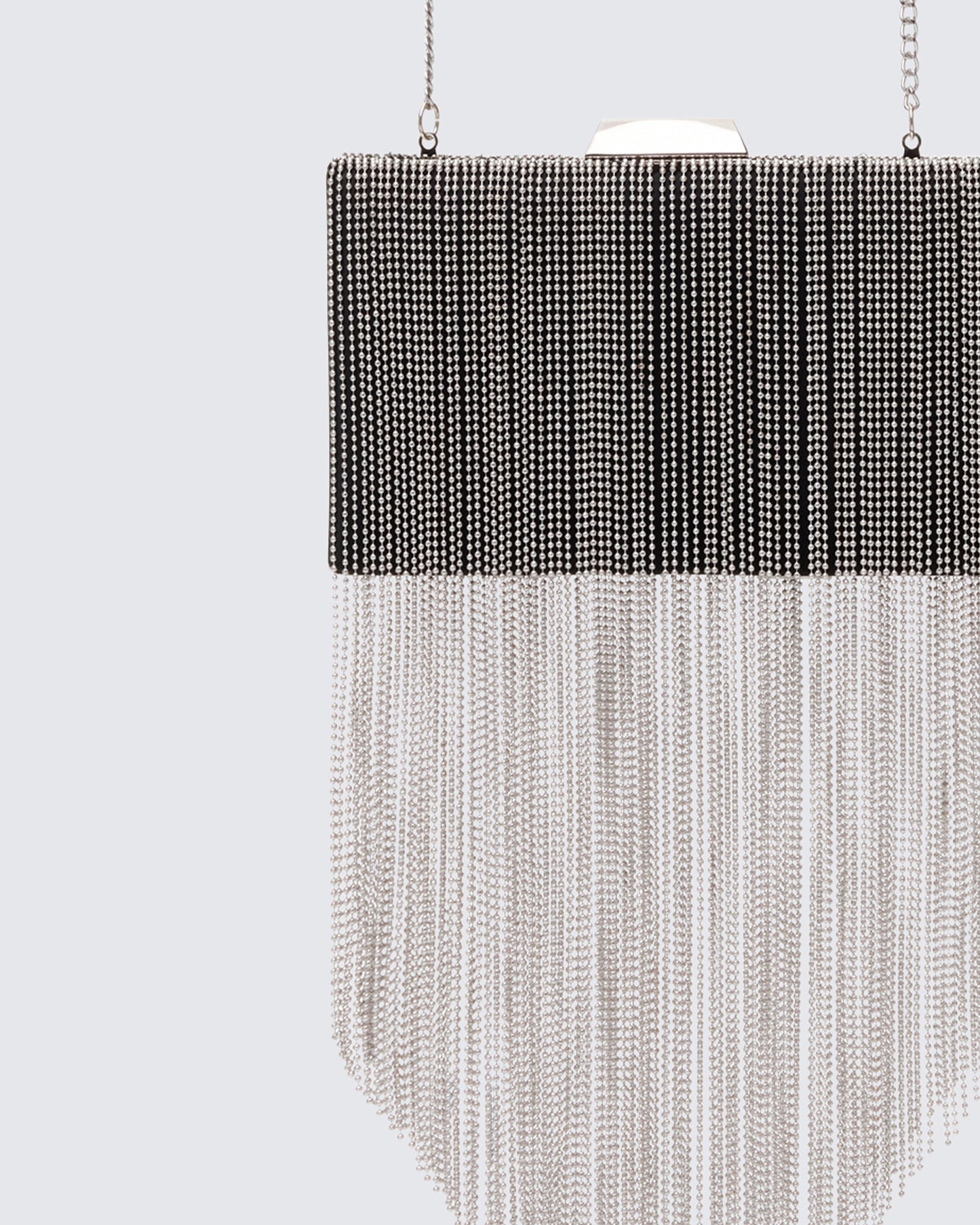Acadia Black Gunmetal Chainmail Fringe Clutch